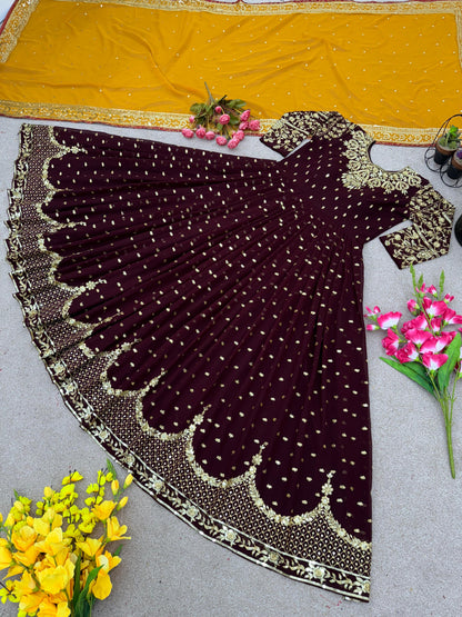 Wedding Brown Color Embroidery  Work Gown