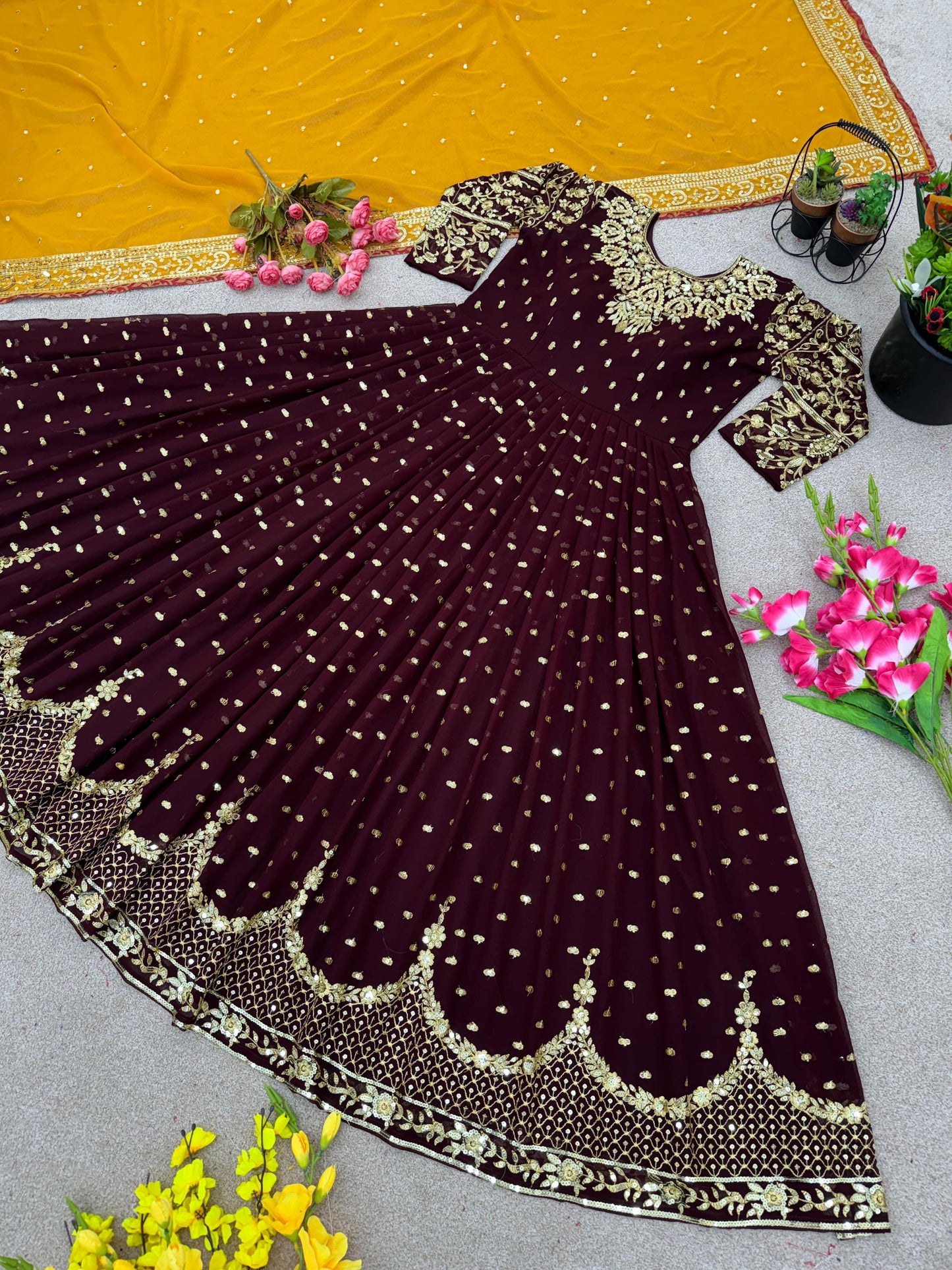 Wedding Brown Color Embroidery  Work Gown