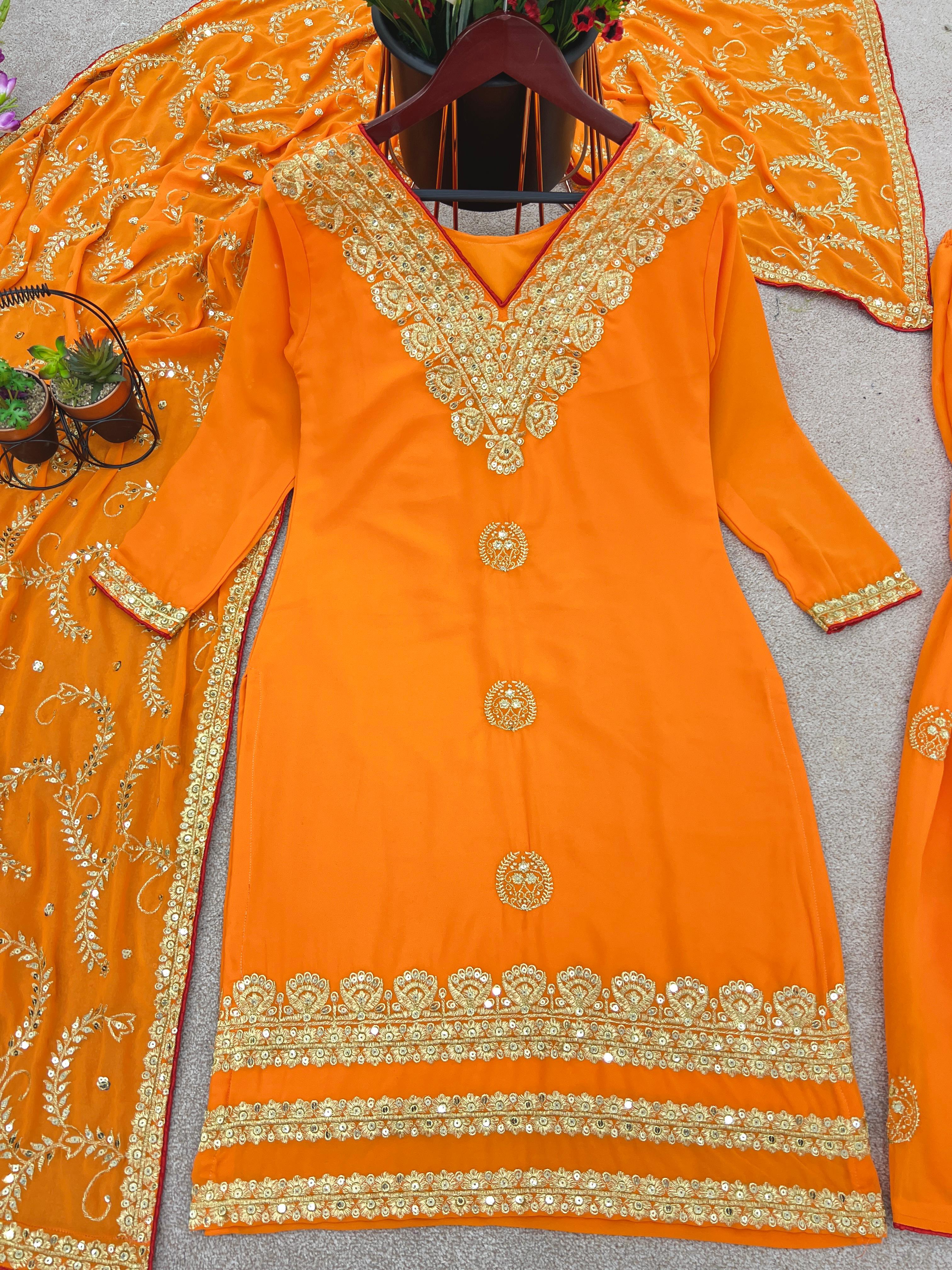 Stylish Orange Color Embroidery Work Sharara Suit