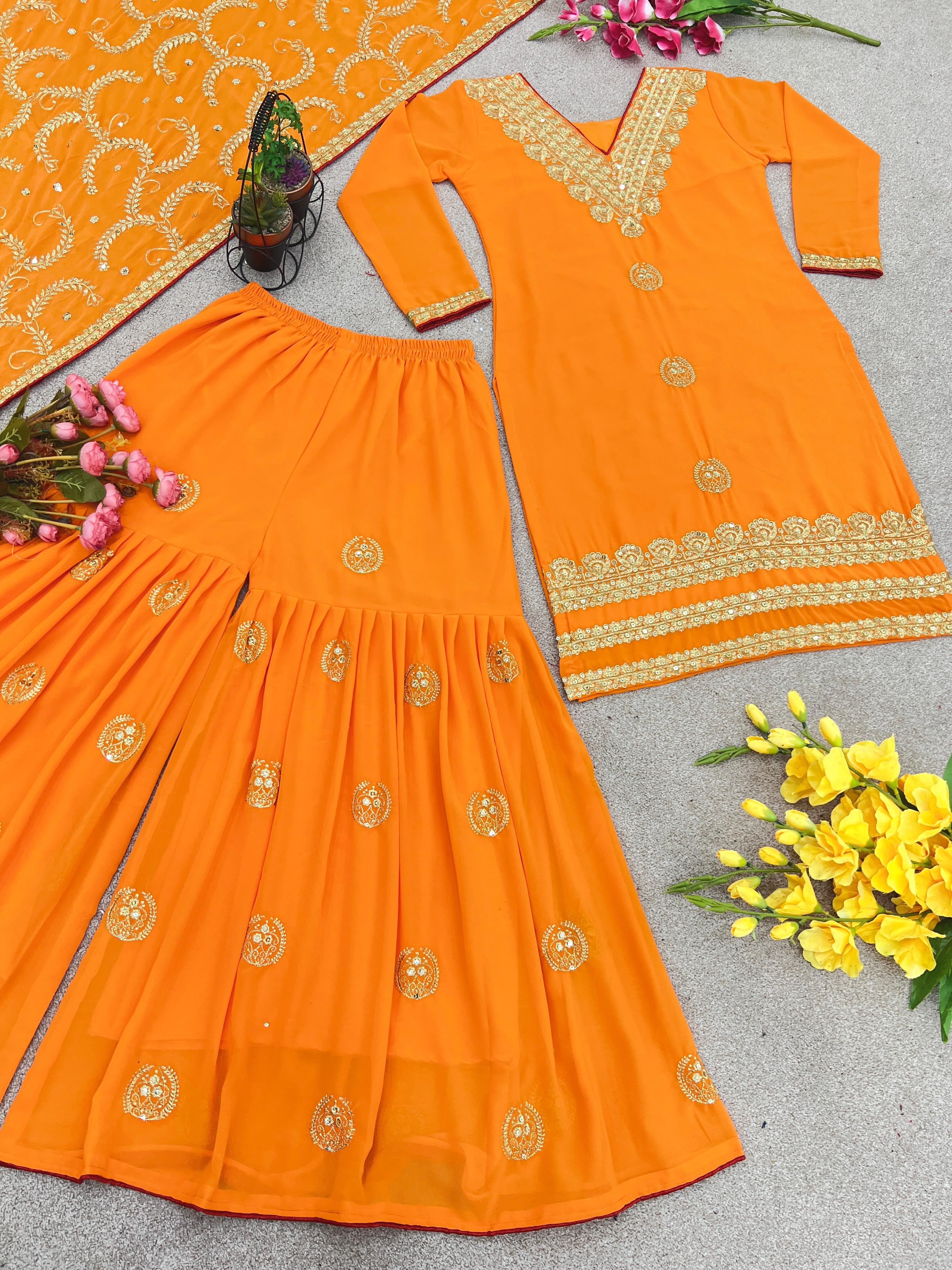 Stylish Orange Color Embroidery Work Sharara Suit