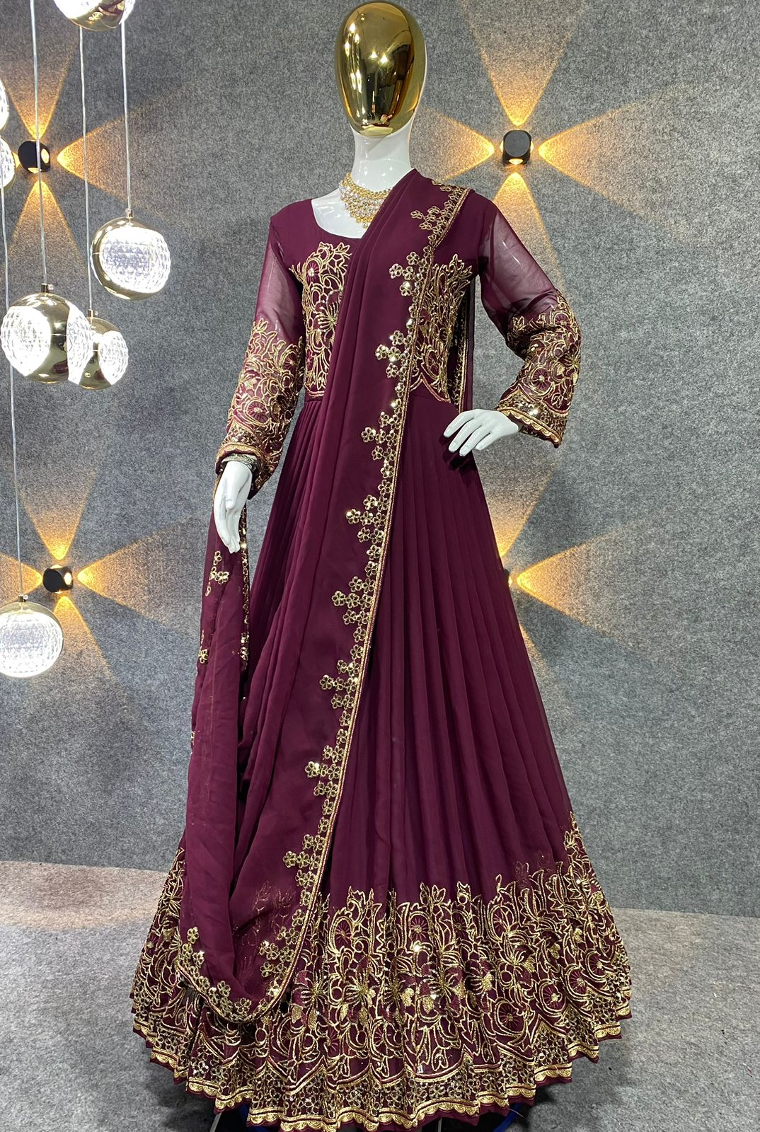 Function Wear Maroon Color Embroidery Work Long Anarkali Gown