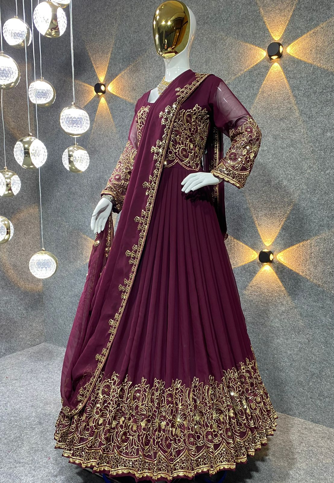 Function Wear Maroon Color Embroidery Work Long Anarkali Gown