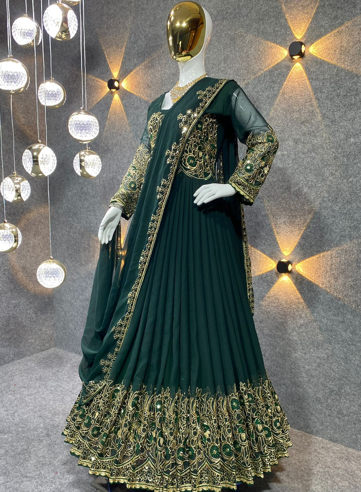 Function Wear Green Color Embroidery Work Long Anarkali Gown