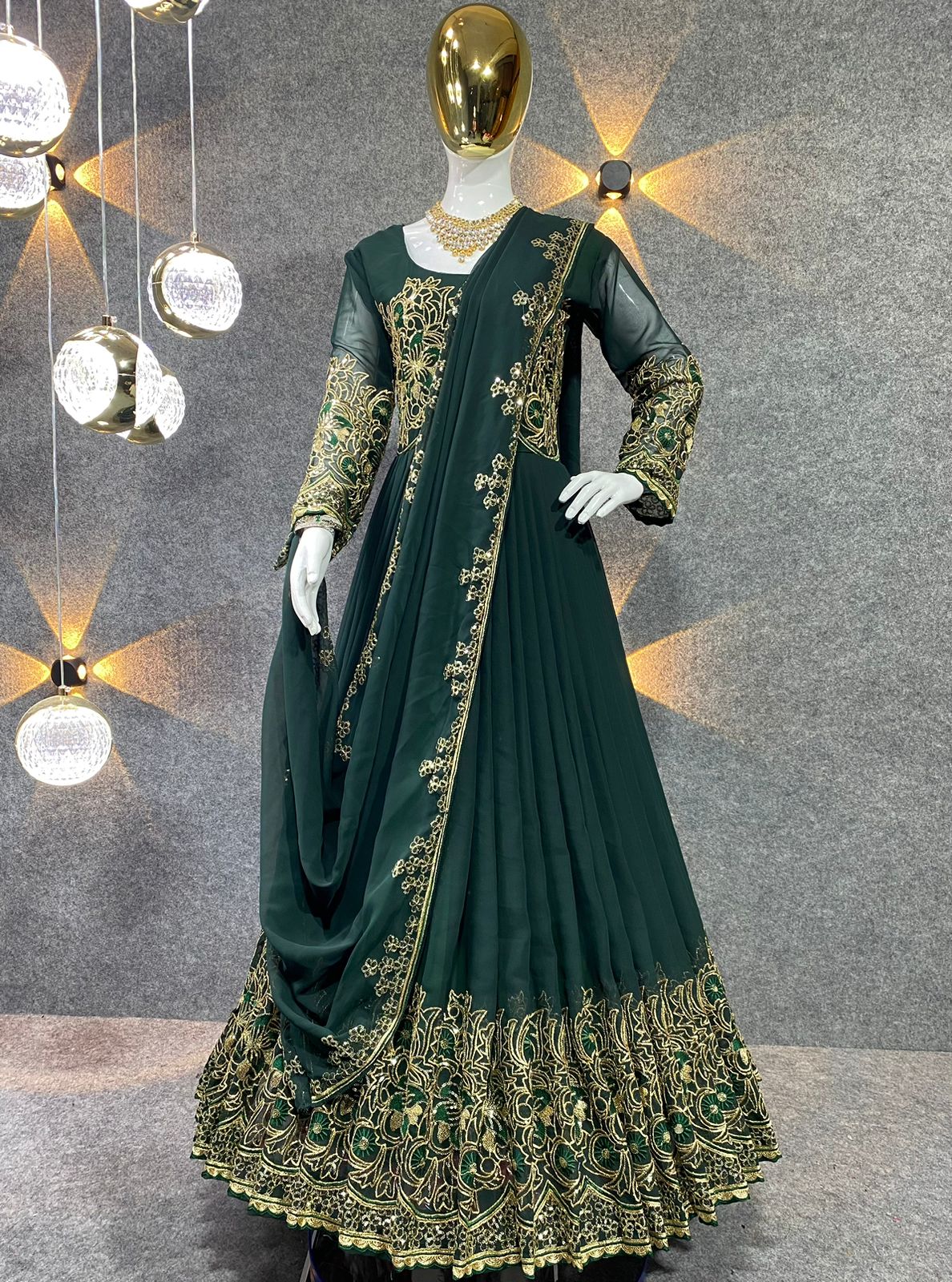 Function Wear Green Color Embroidery Work Long Anarkali Gown