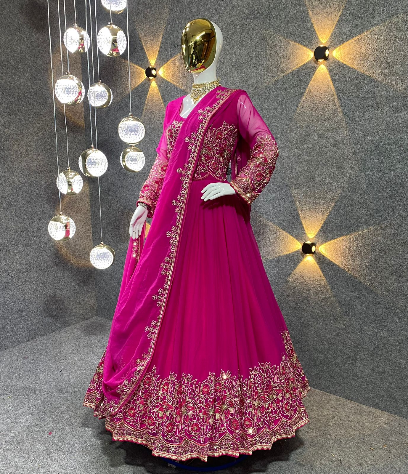 Function Wear Pink Color Embroidery Work Long Anarkali Gown