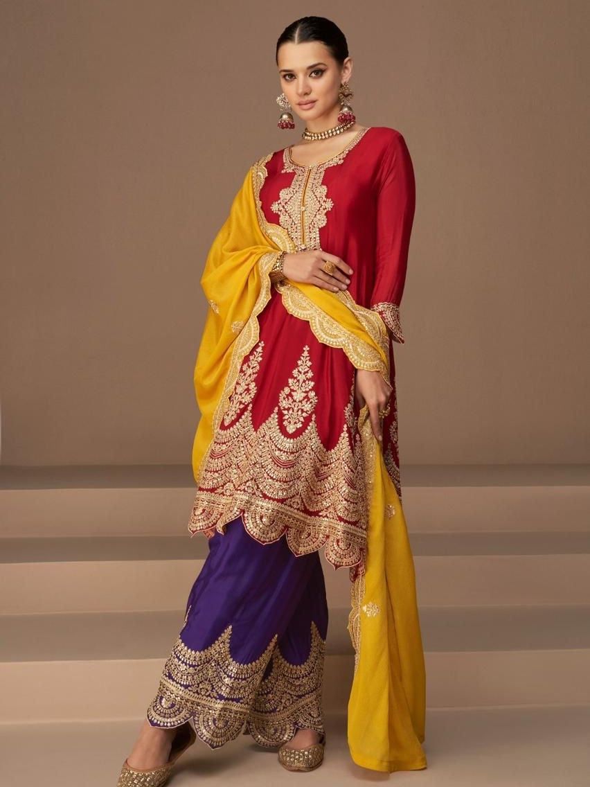 Party Wear Heavy French Crepe Red With Purple Pakistani  Suit