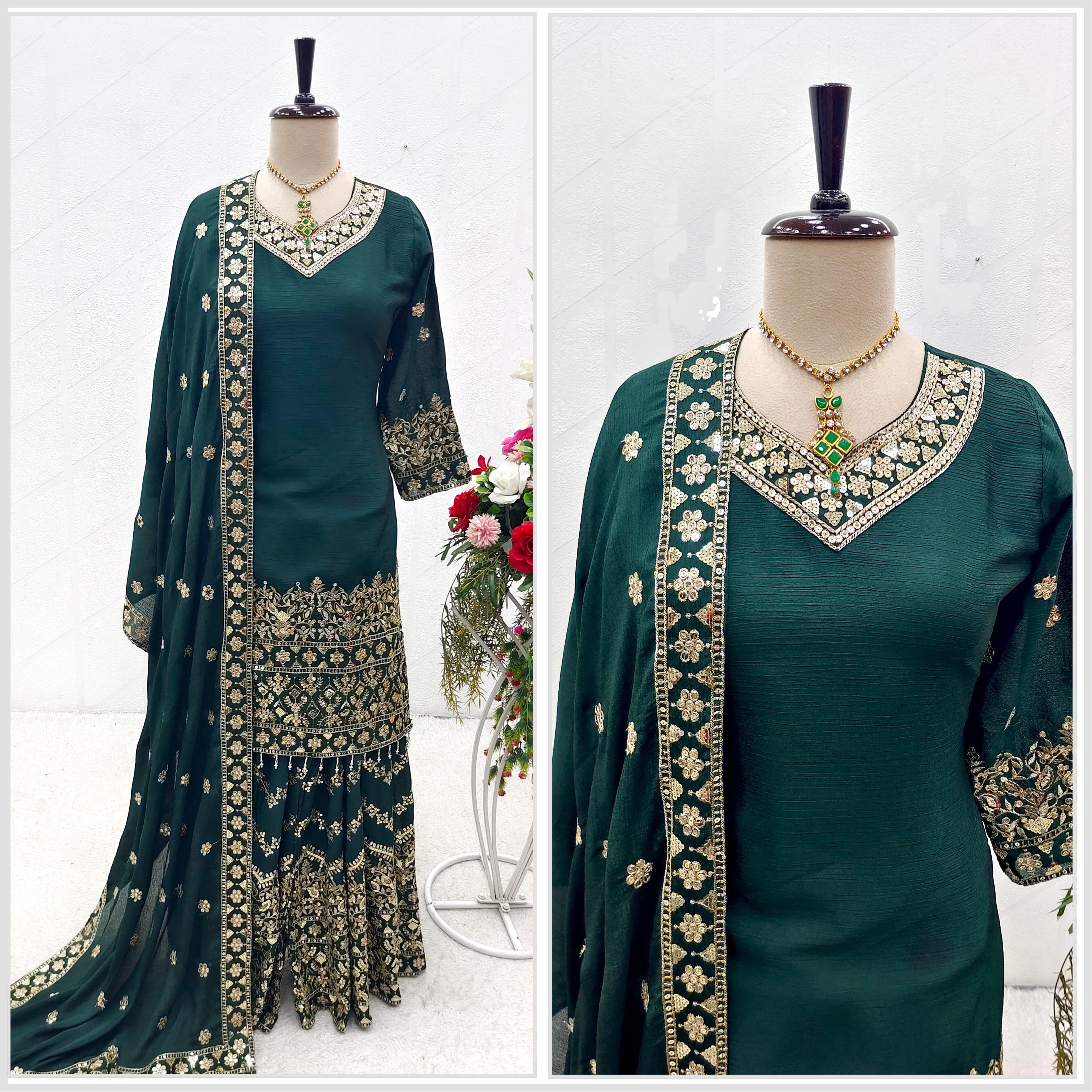 Marvelous Sequence Thread Work Green Color Sharara Suit