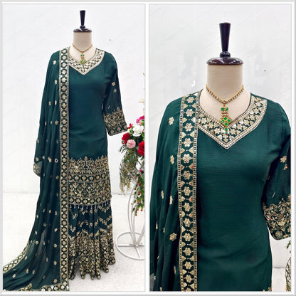 Marvelous Sequence Thread Work Green Color Sharara Suit