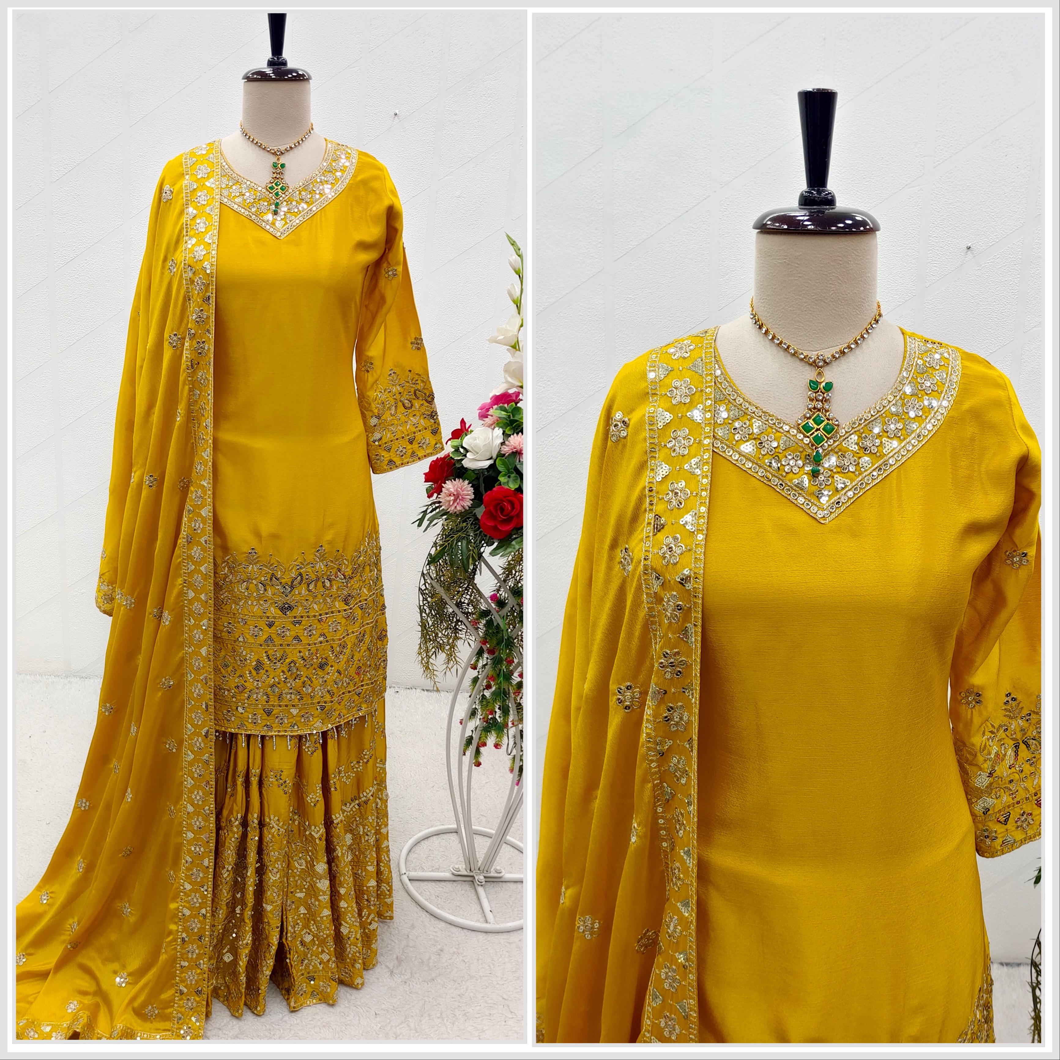 Marvelous Sequence Thread Work Yellow Color Sharara Suit