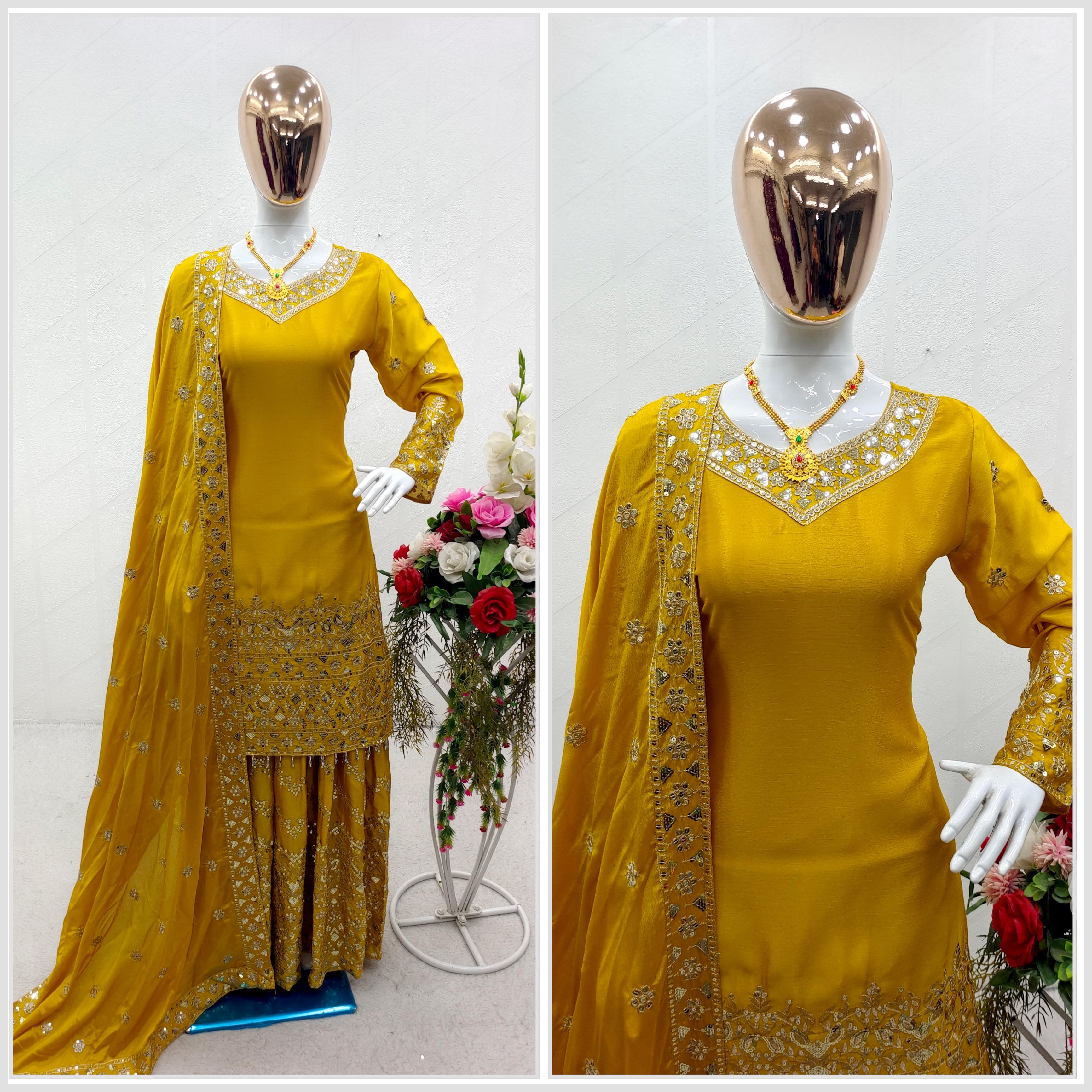 Marvelous Sequence Thread Work Yellow Color Sharara Suit