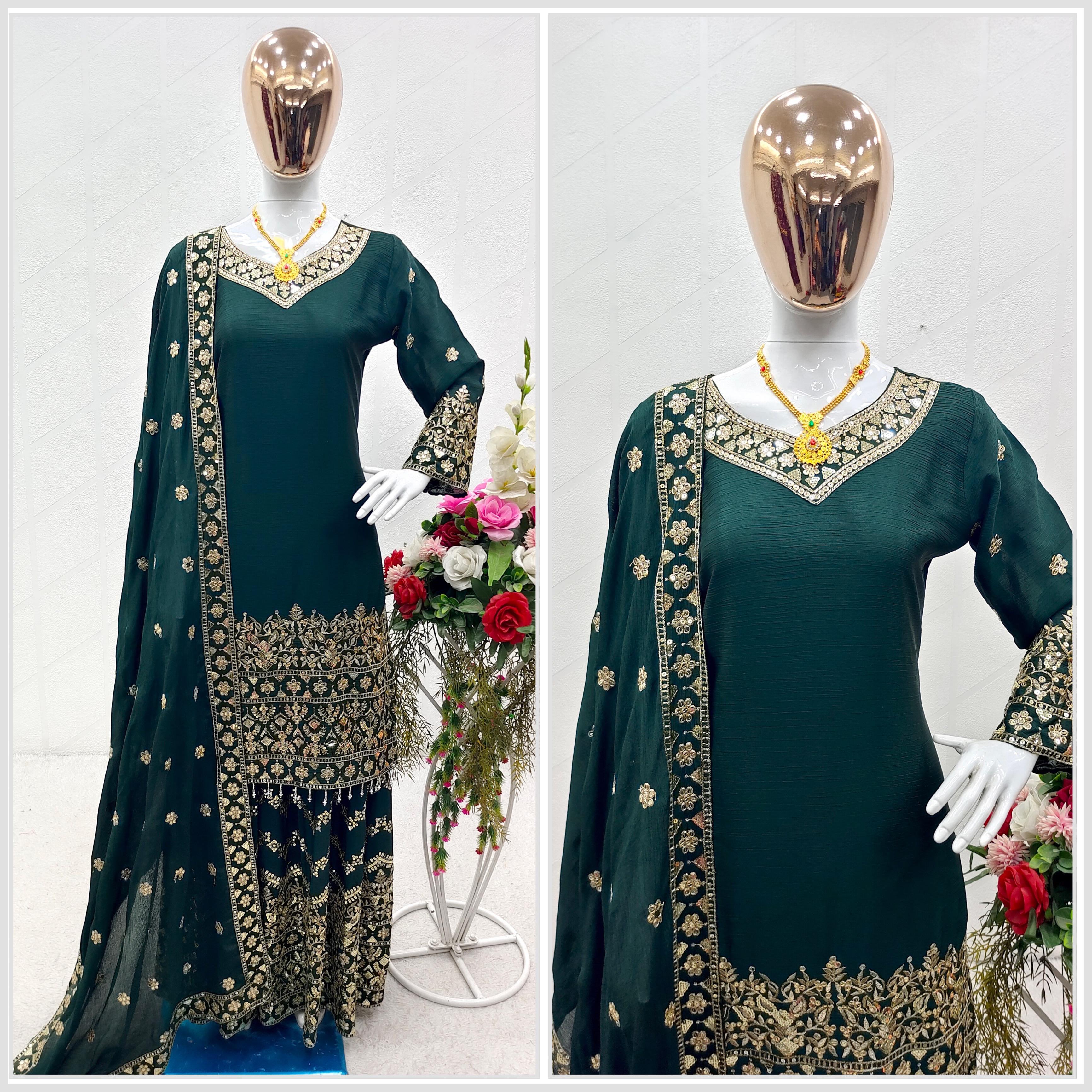 Marvelous Sequence Thread Work Green Color Sharara Suit