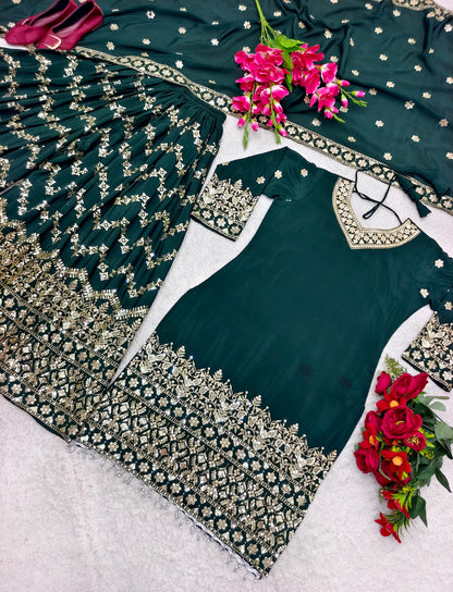 Marvelous Sequence Thread Work Green Color Sharara Suit