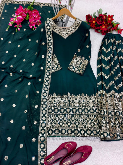 Marvelous Sequence Thread Work Green Color Sharara Suit