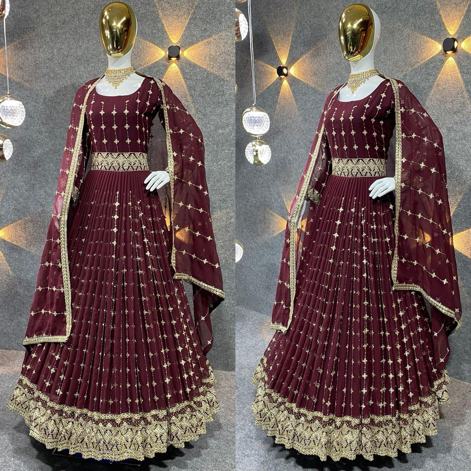 Alluring Maroon Color Embroidery  Work Gown