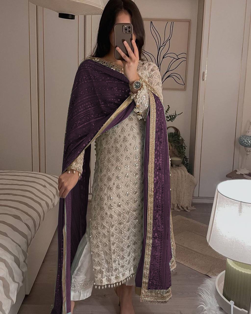 Glorious White Sequence Work Suit With Wine Dupatta