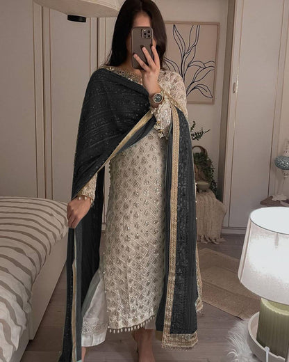 Glorious White Sequence Work Suit With Black Dupatta