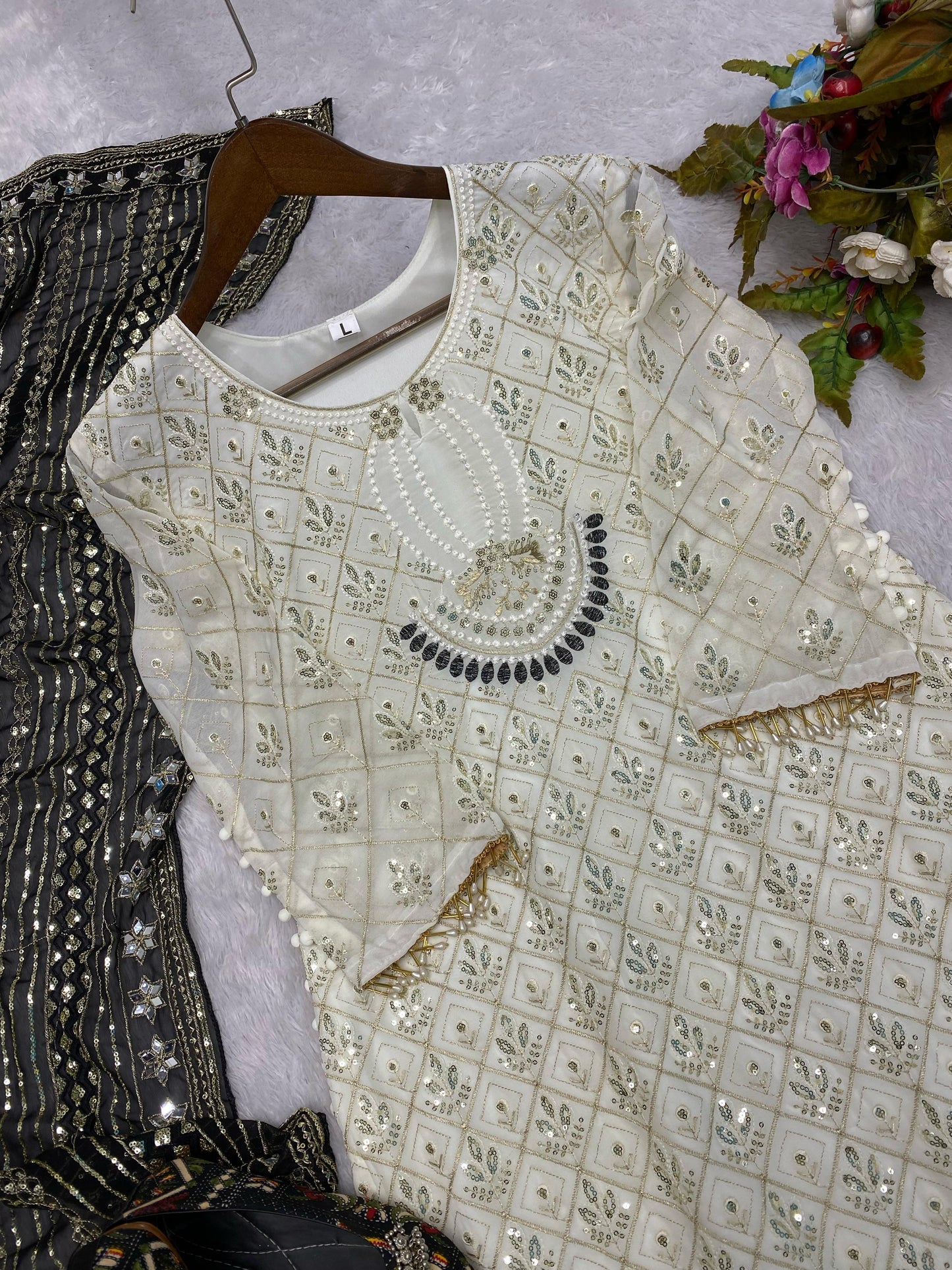 Glorious White Sequence Work Suit With Black Dupatta