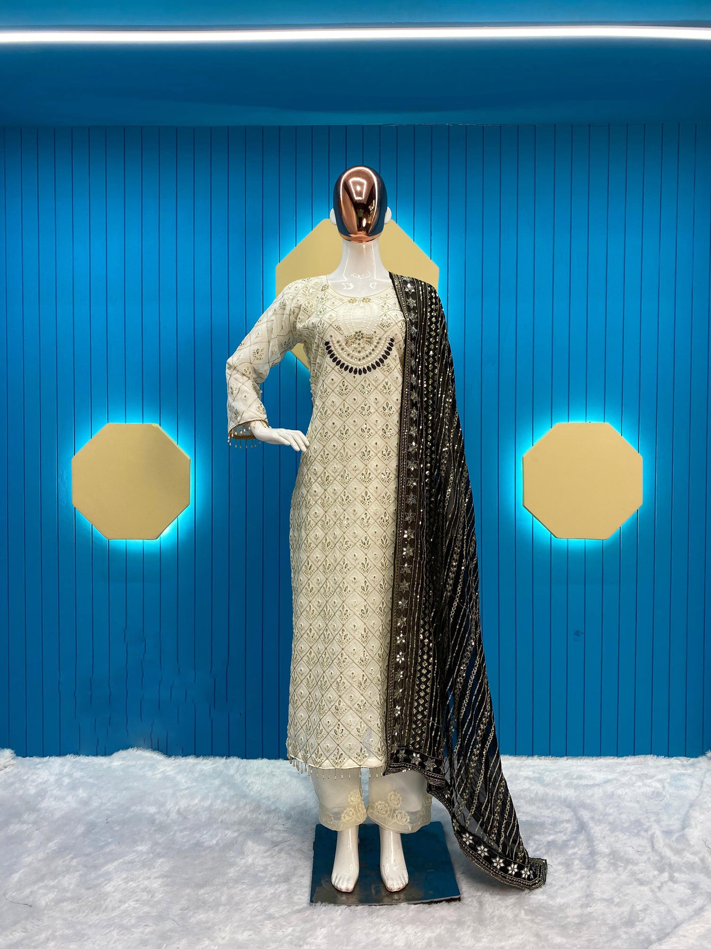 Glorious White Sequence Work Suit With Black Dupatta