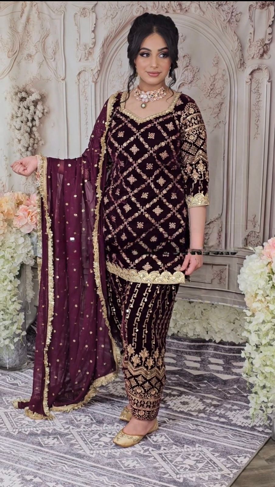 Shining Wine Color Embroidery Sequence Work Punjabi Suit