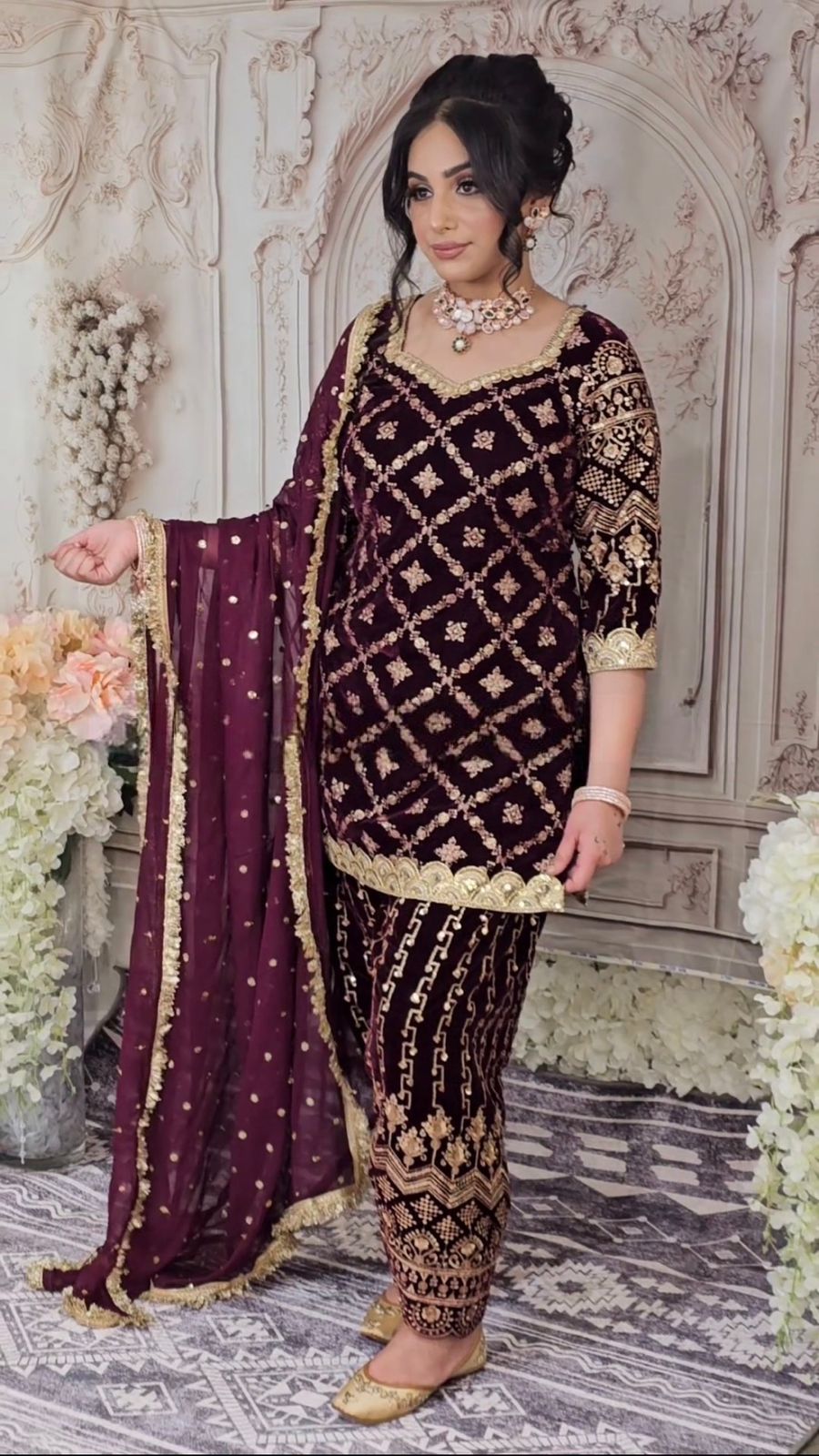 Shining Wine Color Embroidery Sequence Work Punjabi Suit