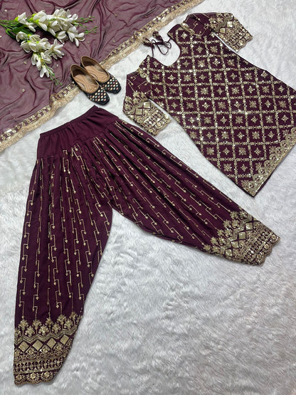 Shining Wine Color Embroidery Sequence Work Punjabi Suit