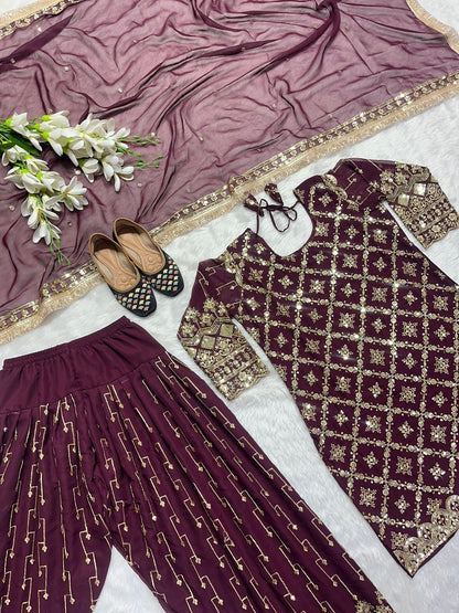 Shining Wine Color Embroidery Sequence Work Punjabi Suit