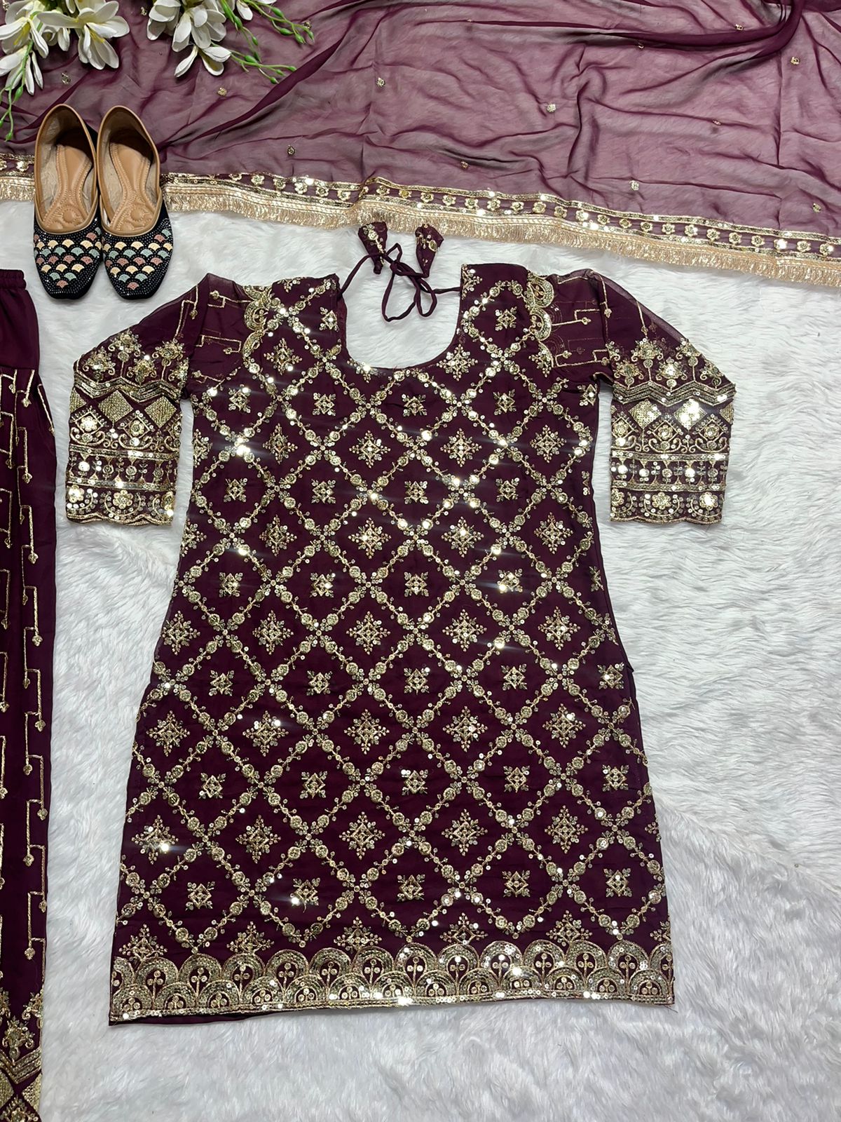 Shining Wine Color Embroidery Sequence Work Punjabi Suit