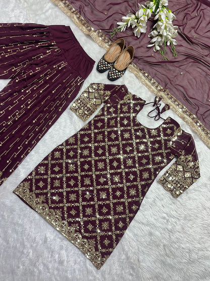 Shining Wine Color Embroidery Sequence Work Punjabi Suit