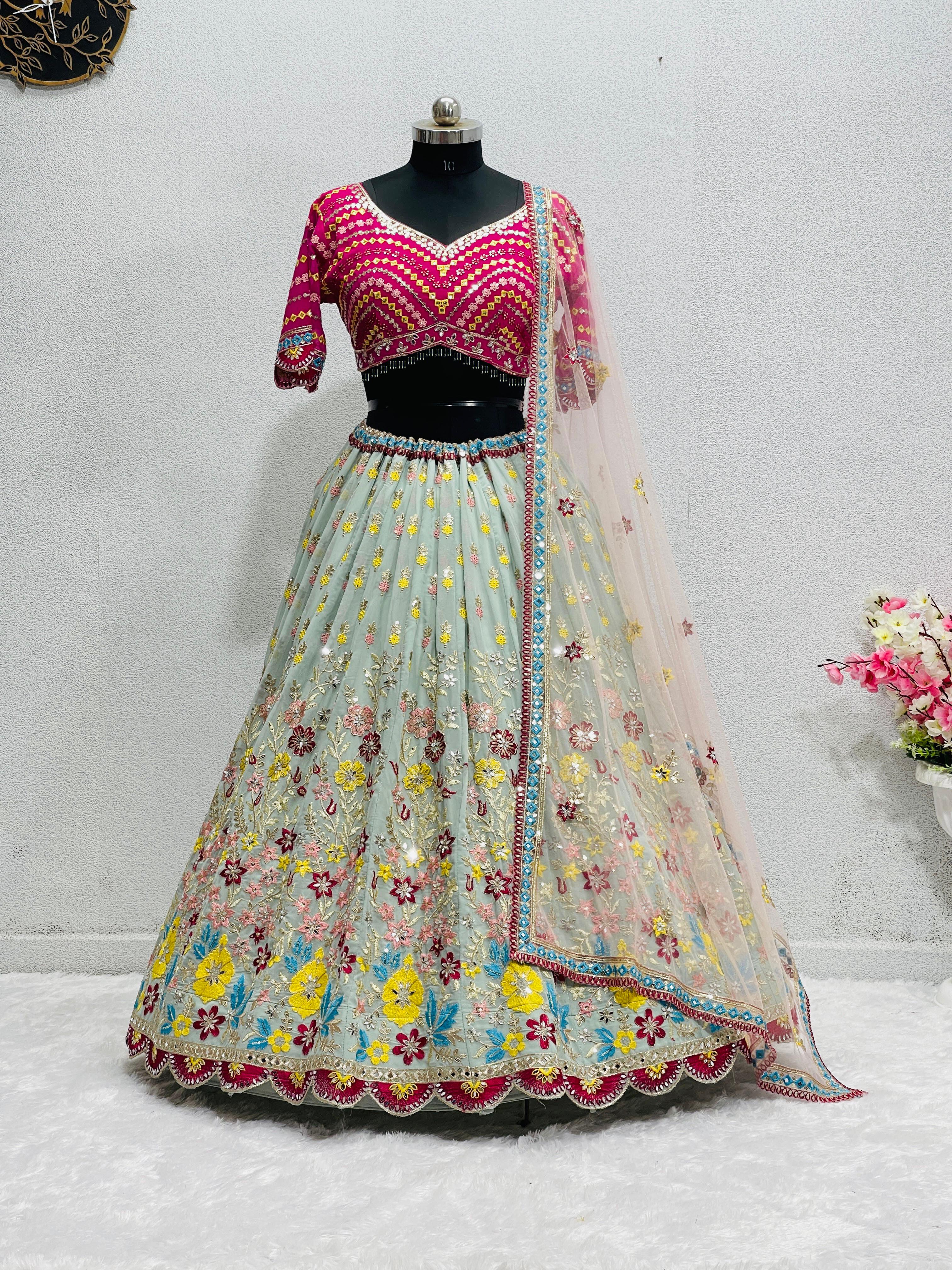 Multi Thread Heavy Work Pista Color Designer Lehenga Choli