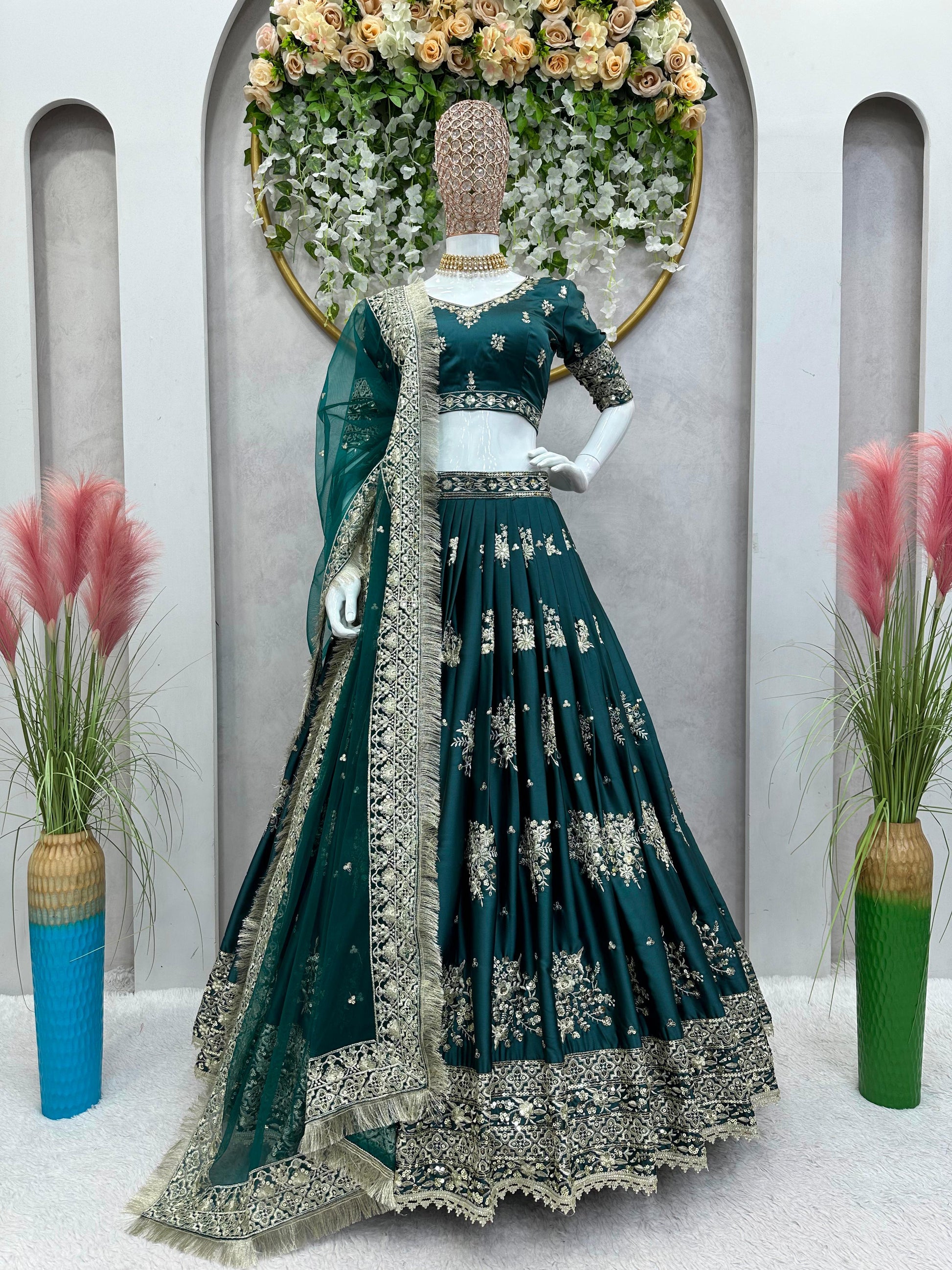 Wedding Wear Dark Green Color Satin Silk Lehenga Choli – Amrutamfab