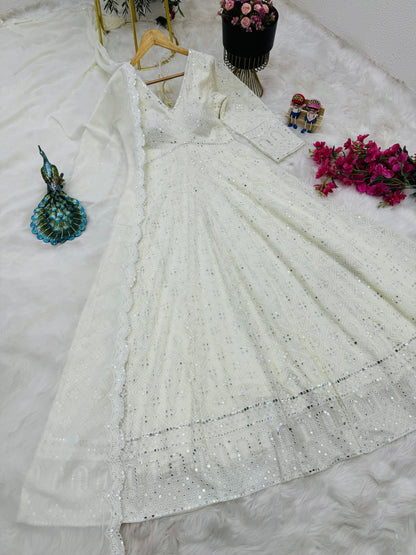 Outstanding Embroidery Sequence Work White Long Anarkali Gown