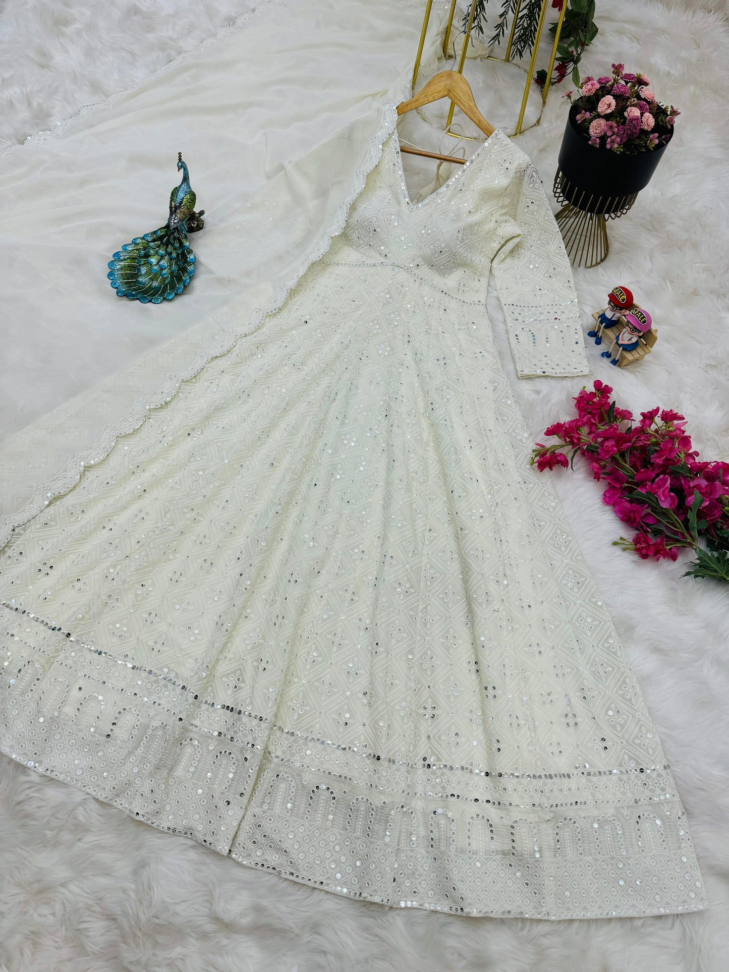 Outstanding Embroidery Sequence Work White Long Anarkali Gown