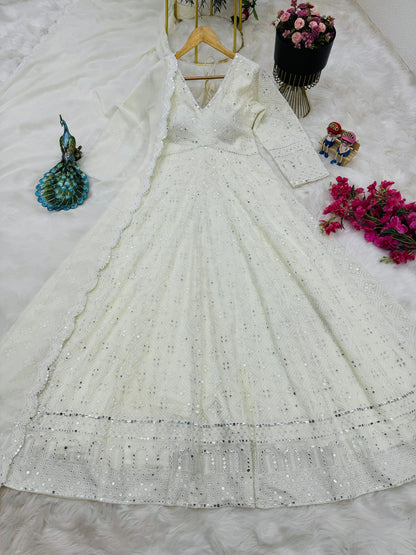 Outstanding Embroidery Sequence Work White Long Anarkali Gown