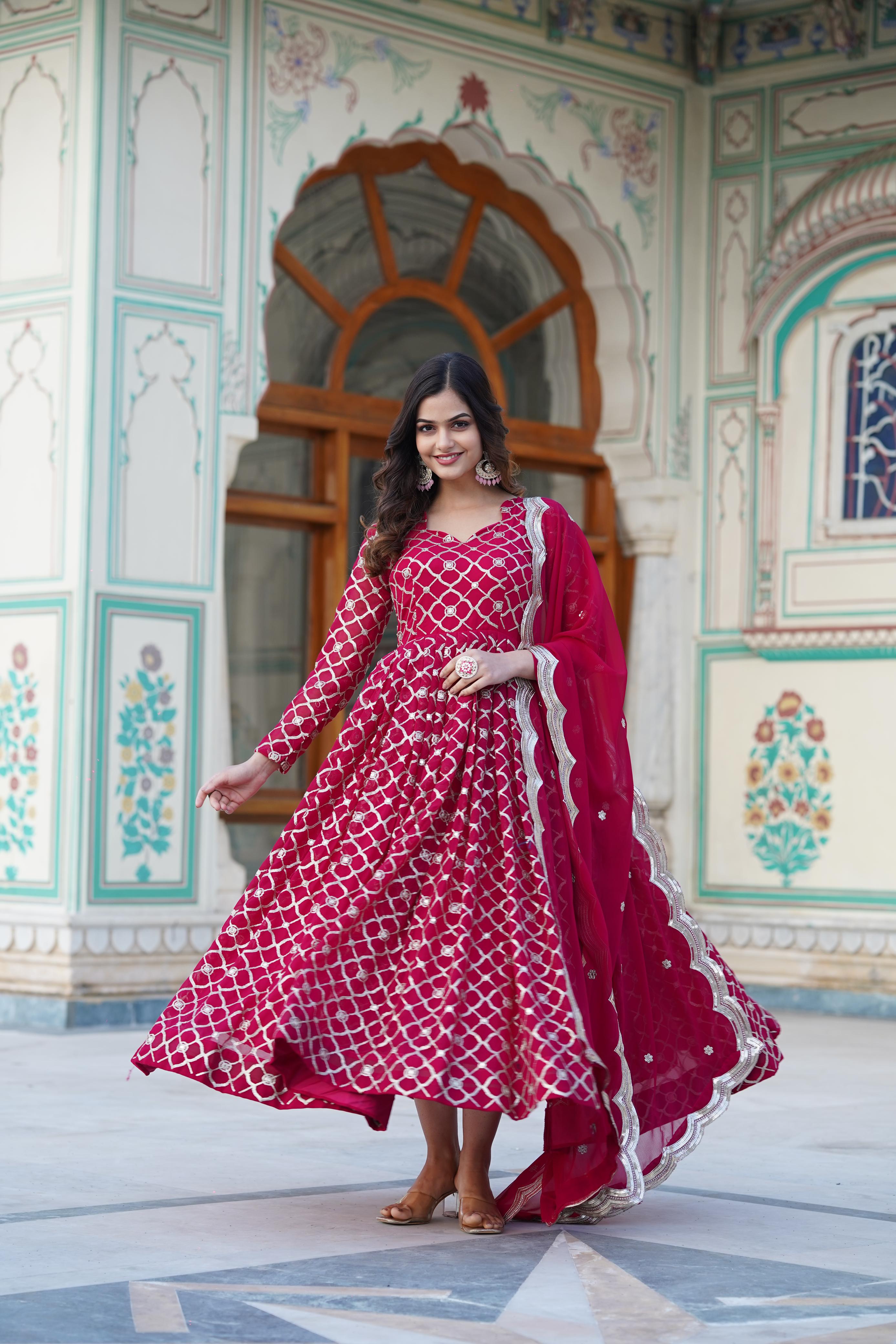 Heavy Sequins Embroidered Work Pink Color Pretty Anarkali Gown