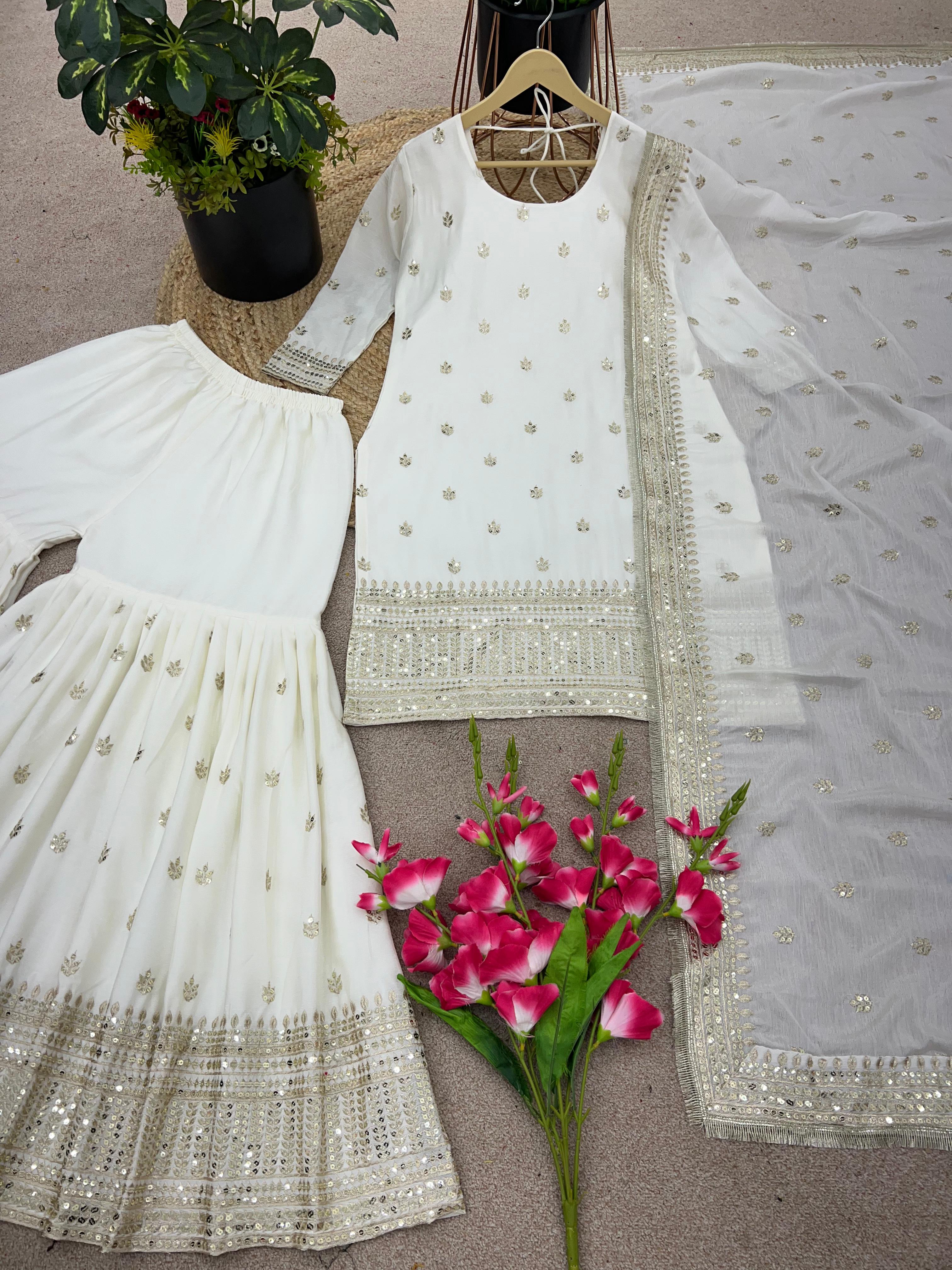 Ceremony Wear White Color Fancy Work Sharara Suit