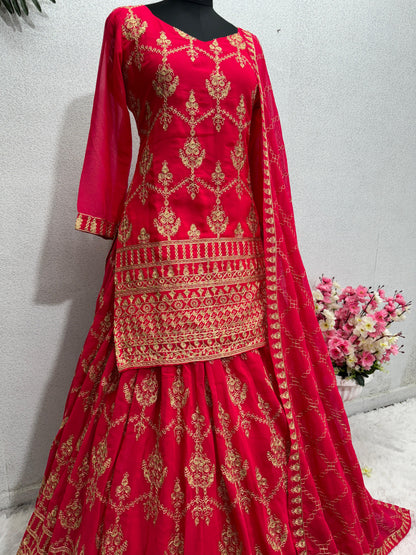 Wedding Wear Red Color Chine Stitch Work Lehenga With Top