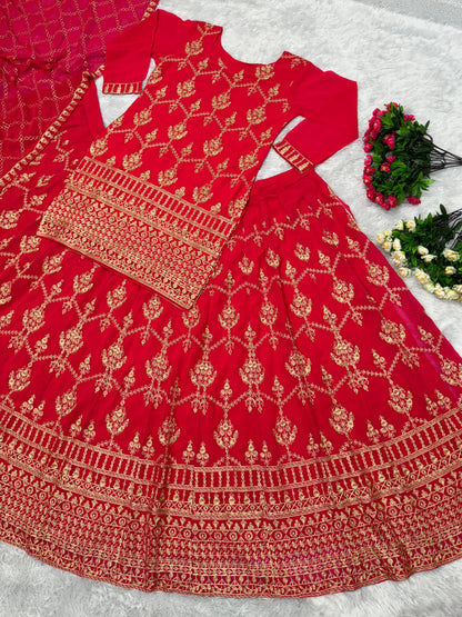 Wedding Wear Red Color Chine Stitch Work Lehenga With Top