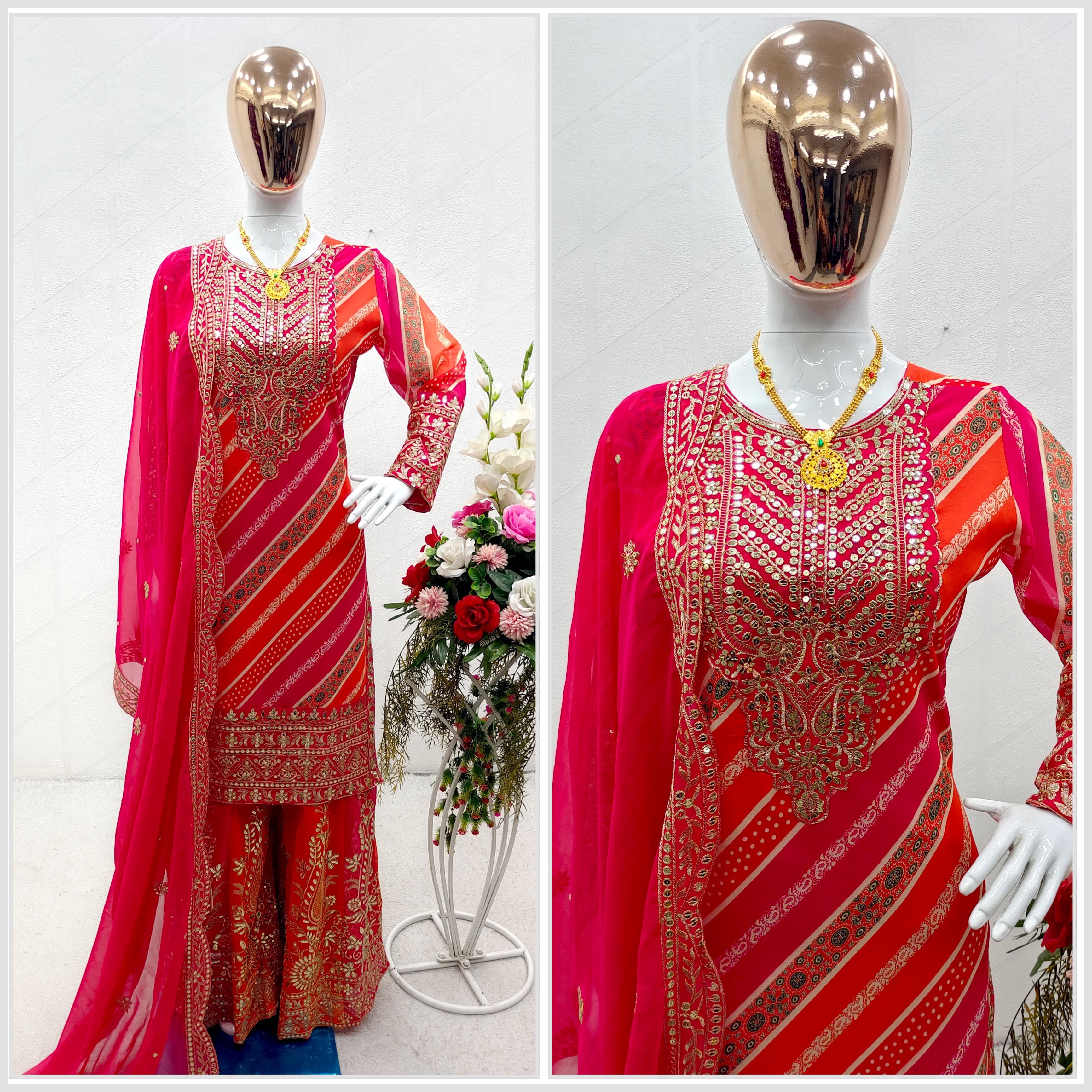 Multi Digital Print With Work Orange With Pink Sharara Suit