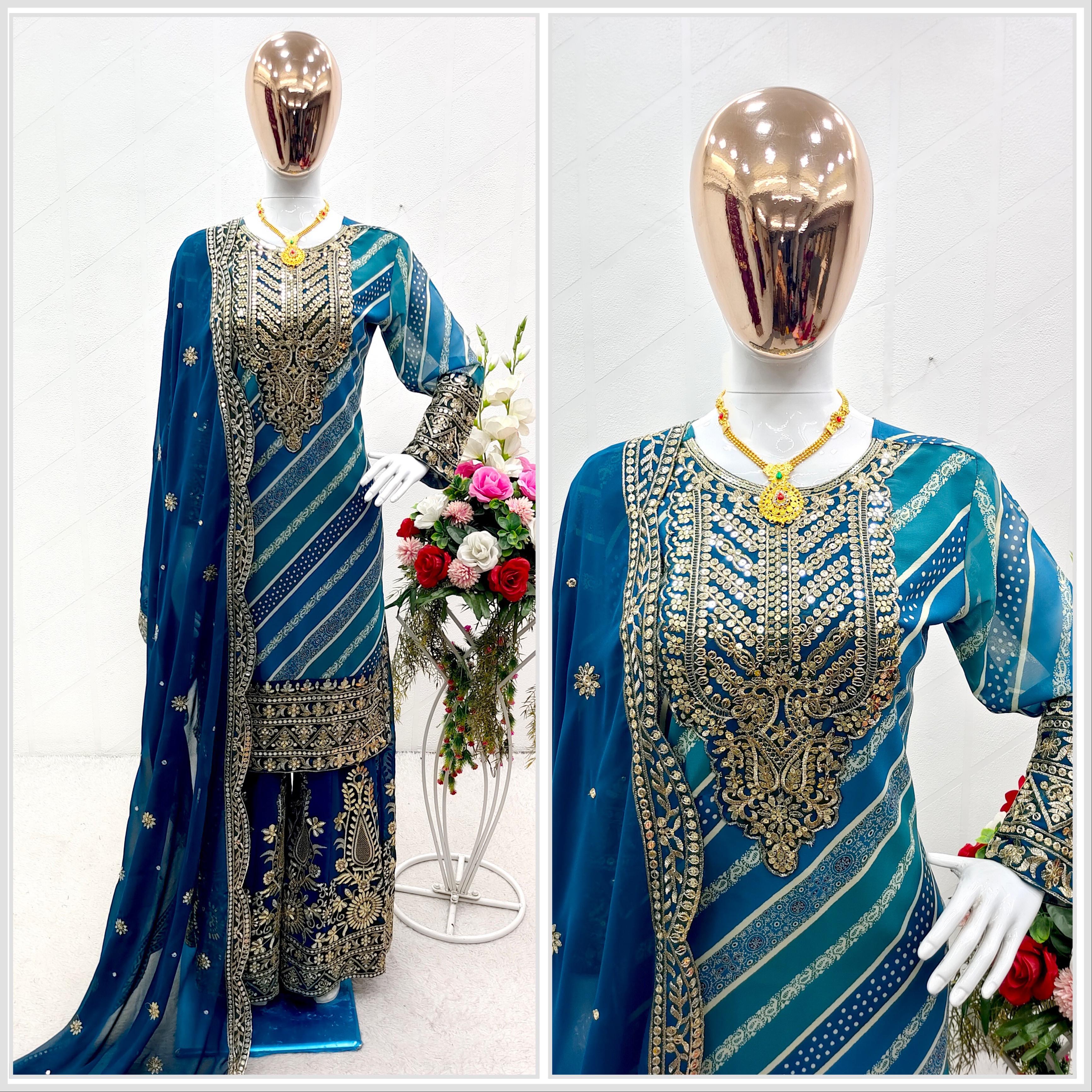 Multi Digital Print With Work Sky With Blue Sharara Suit