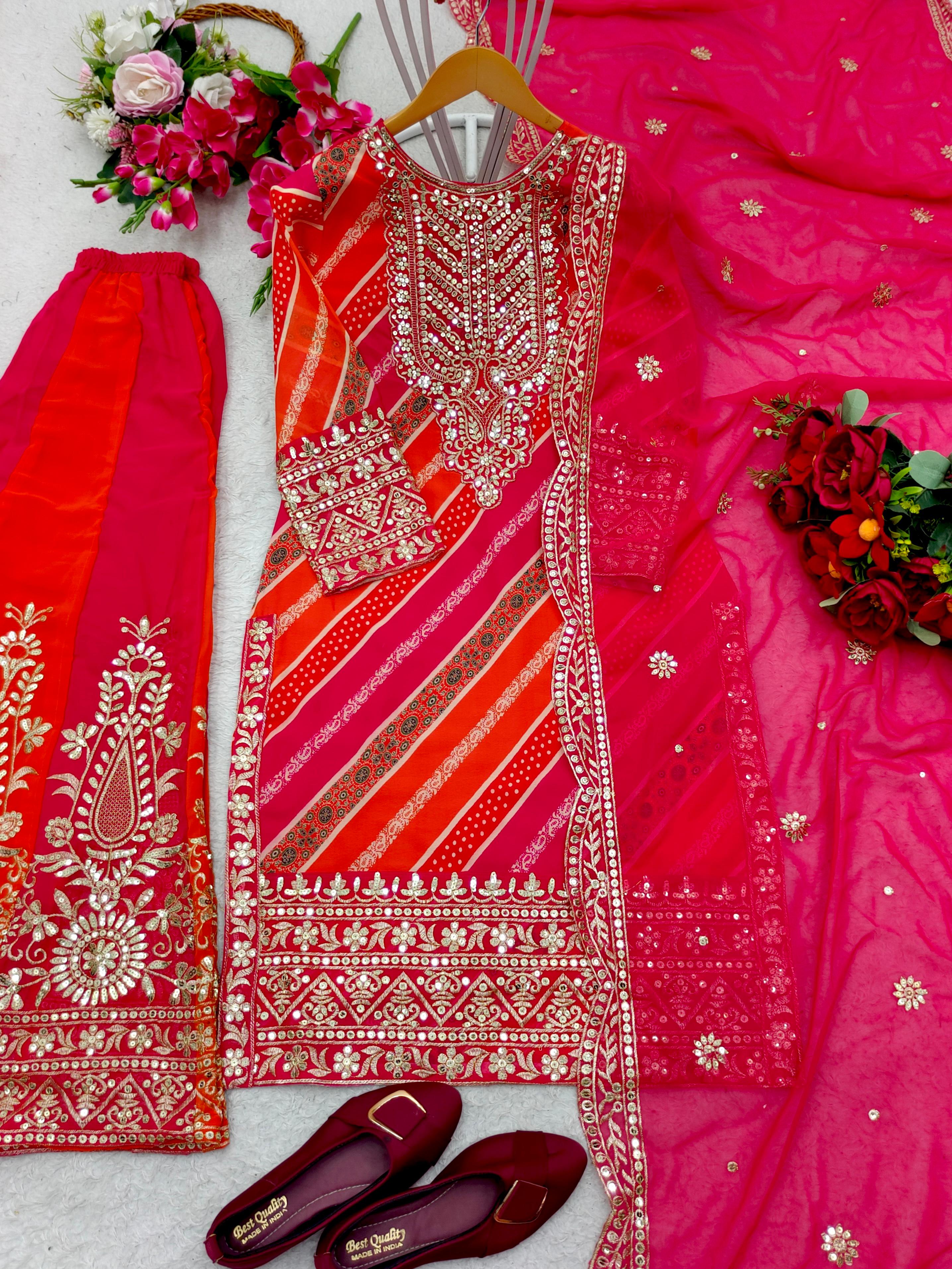 Multi Digital Print With Work Orange With Pink Sharara Suit