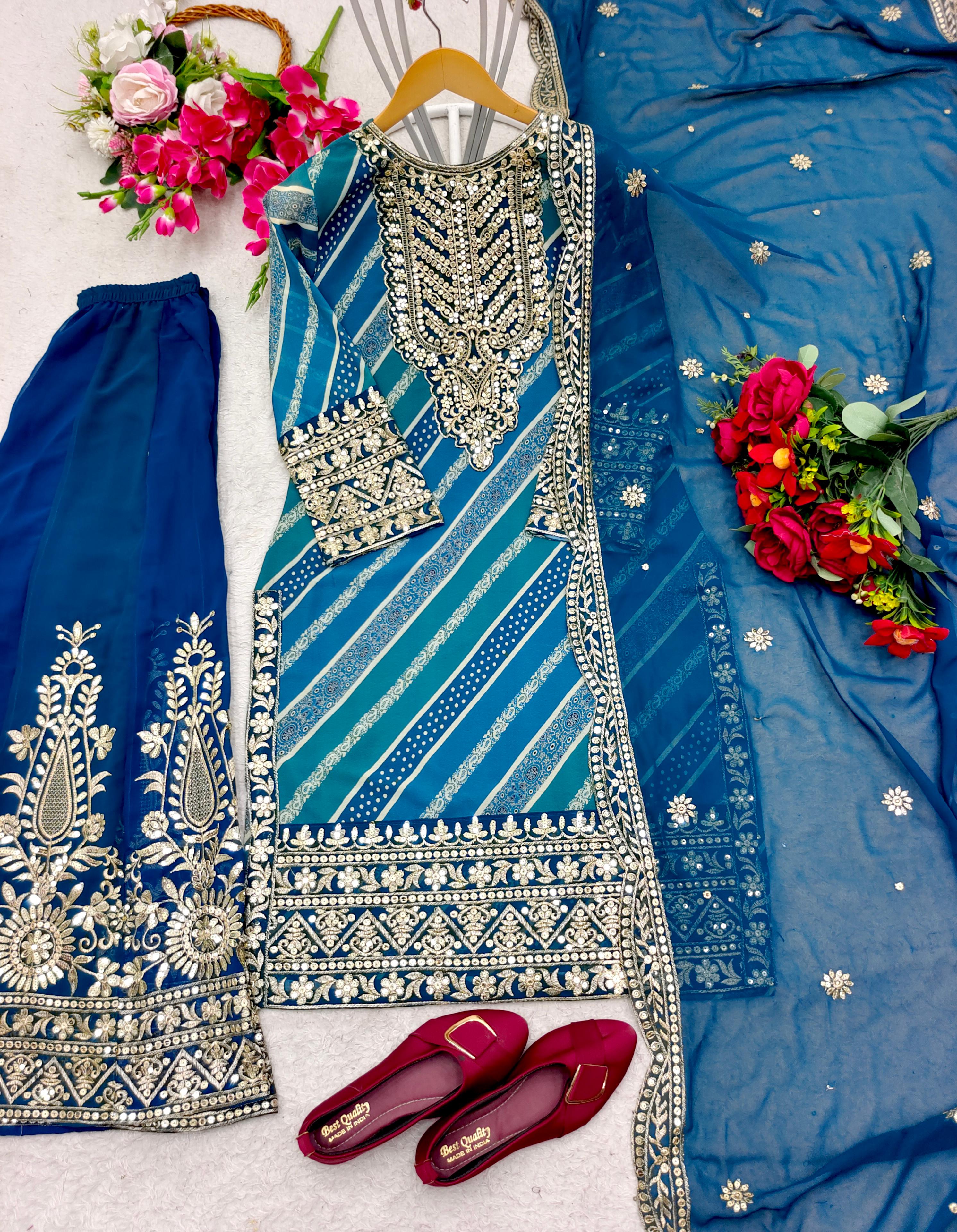 Multi Digital Print With Work Sky With Blue Sharara Suit