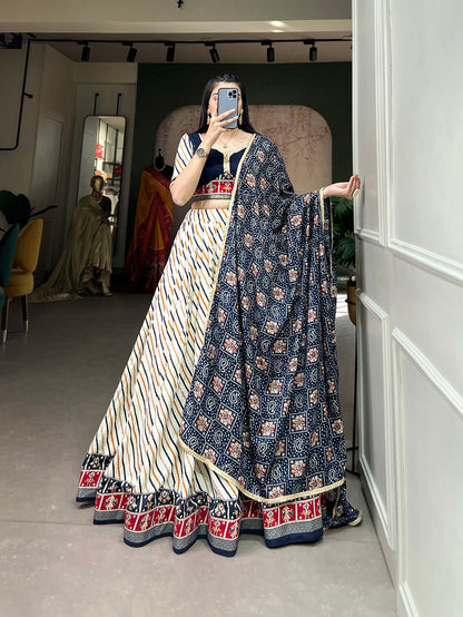 White Leheriya Printed Lehenga With Navy Blue Blouse