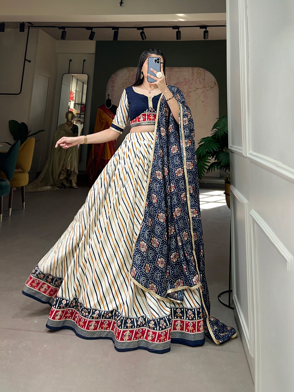 White Leheriya Printed Lehenga With Navy Blue Blouse