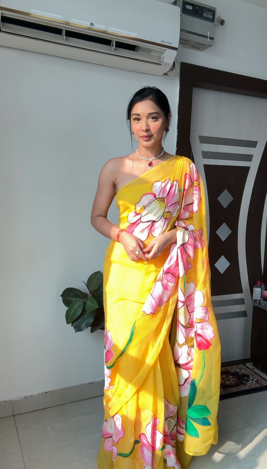 Yellow Color Sparrow Design Ready To Wear Organza Silk Saree