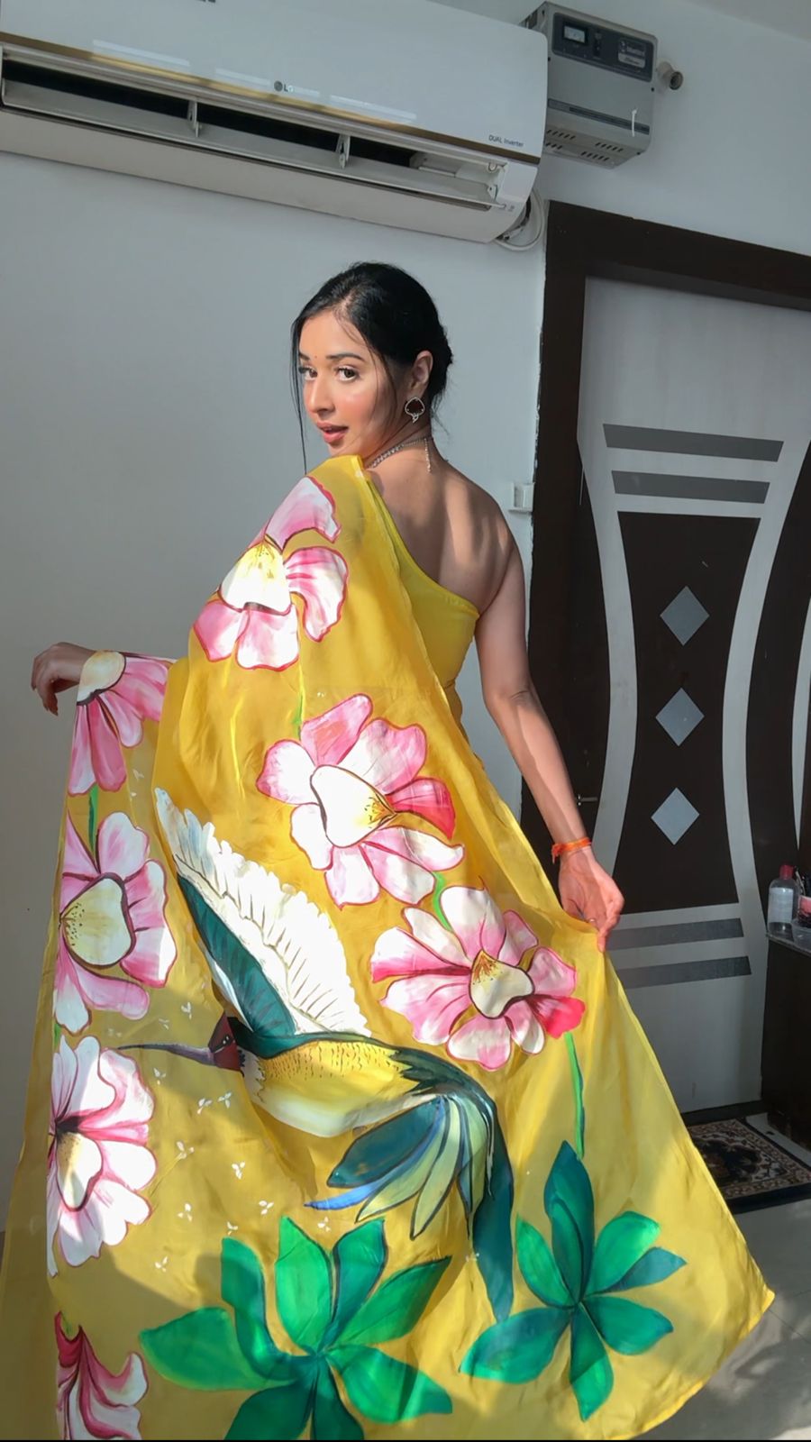 Yellow Color Sparrow Design Ready To Wear Organza Silk Saree