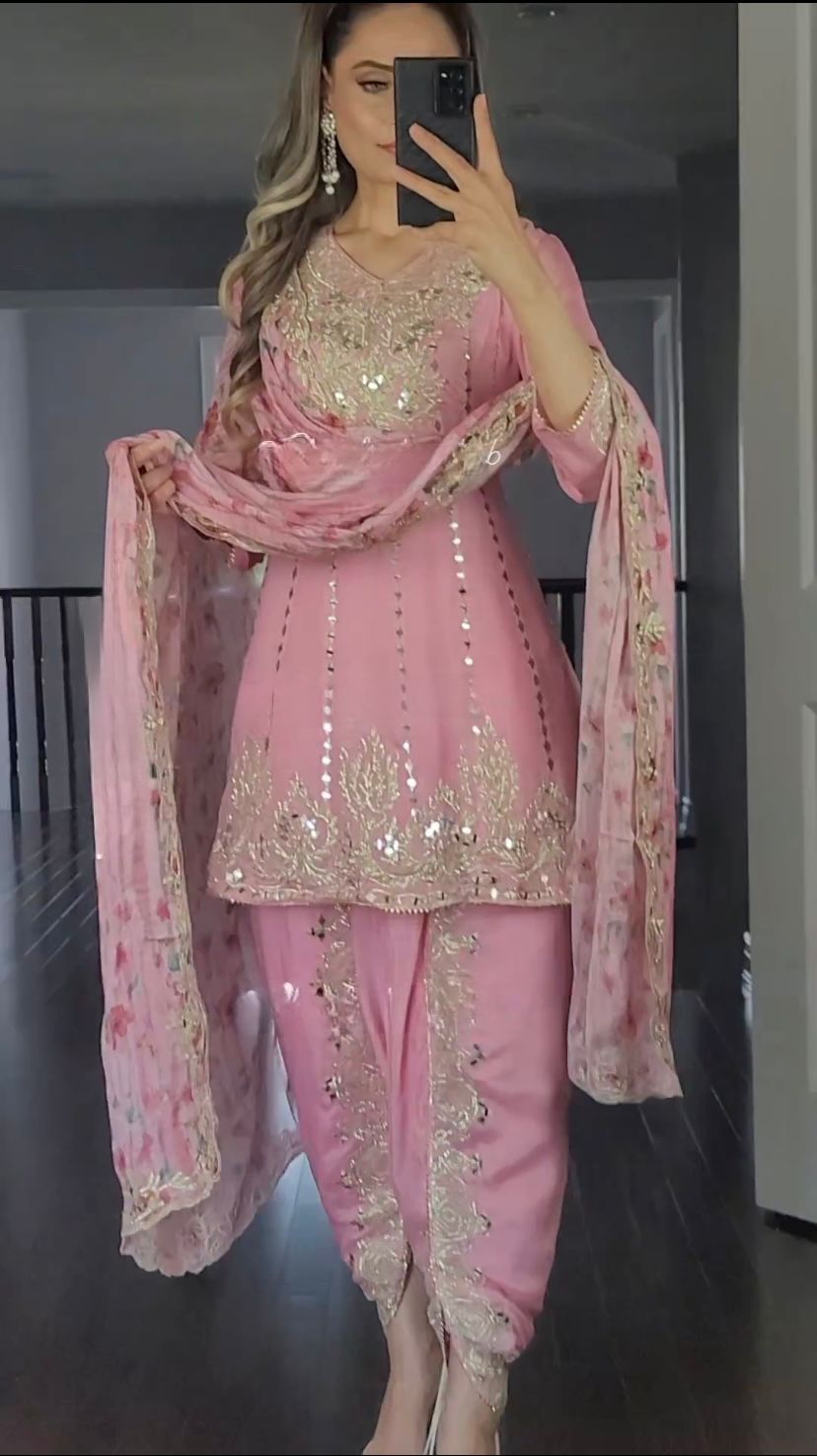 Ravishing Light Pink Color Embroidery Work Dhoti Suit