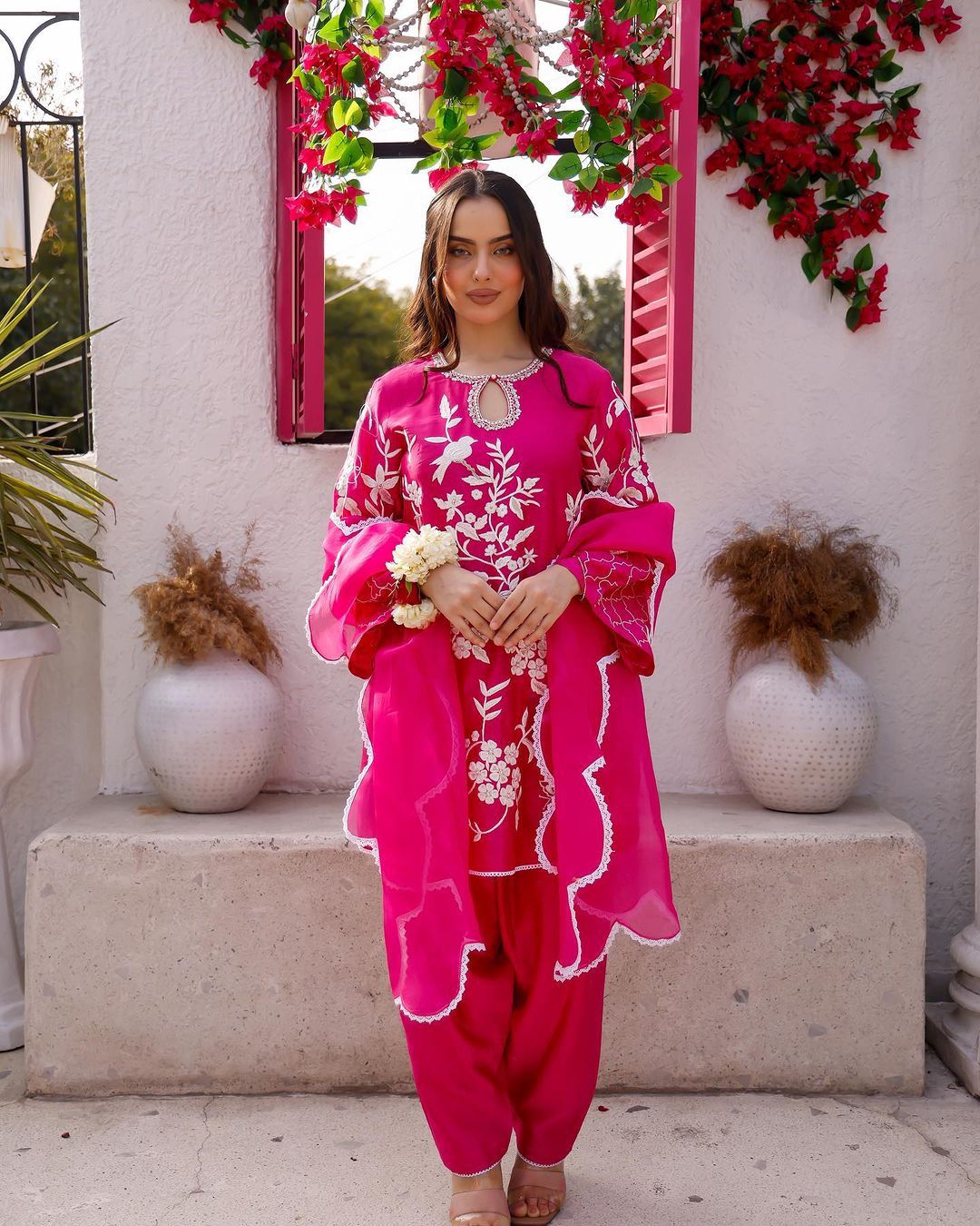 Good Looking Thread Work Pink Color Patiala Suit