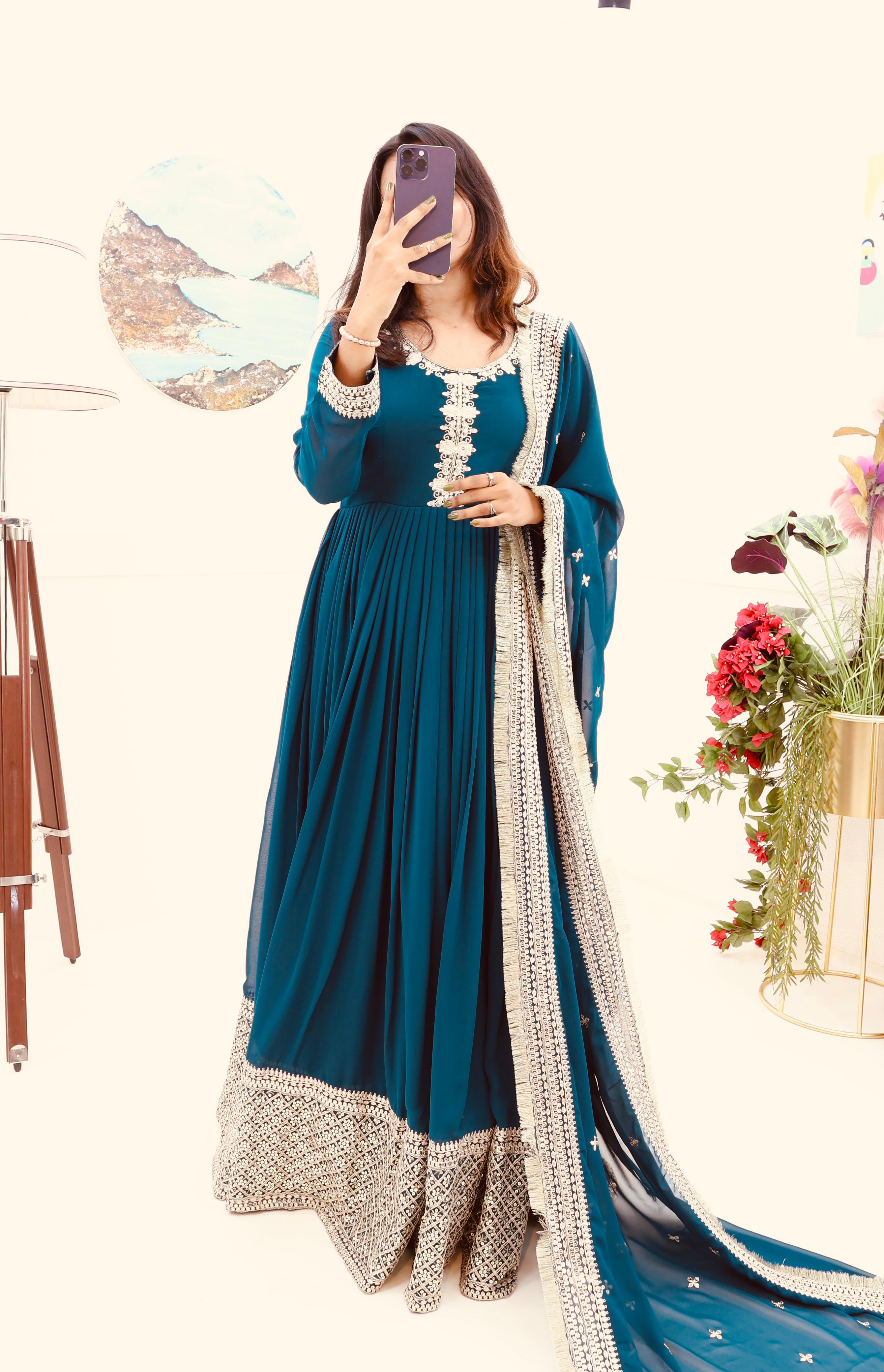 Attractive Sequence Embroidery Work Teal Blue Long Gown