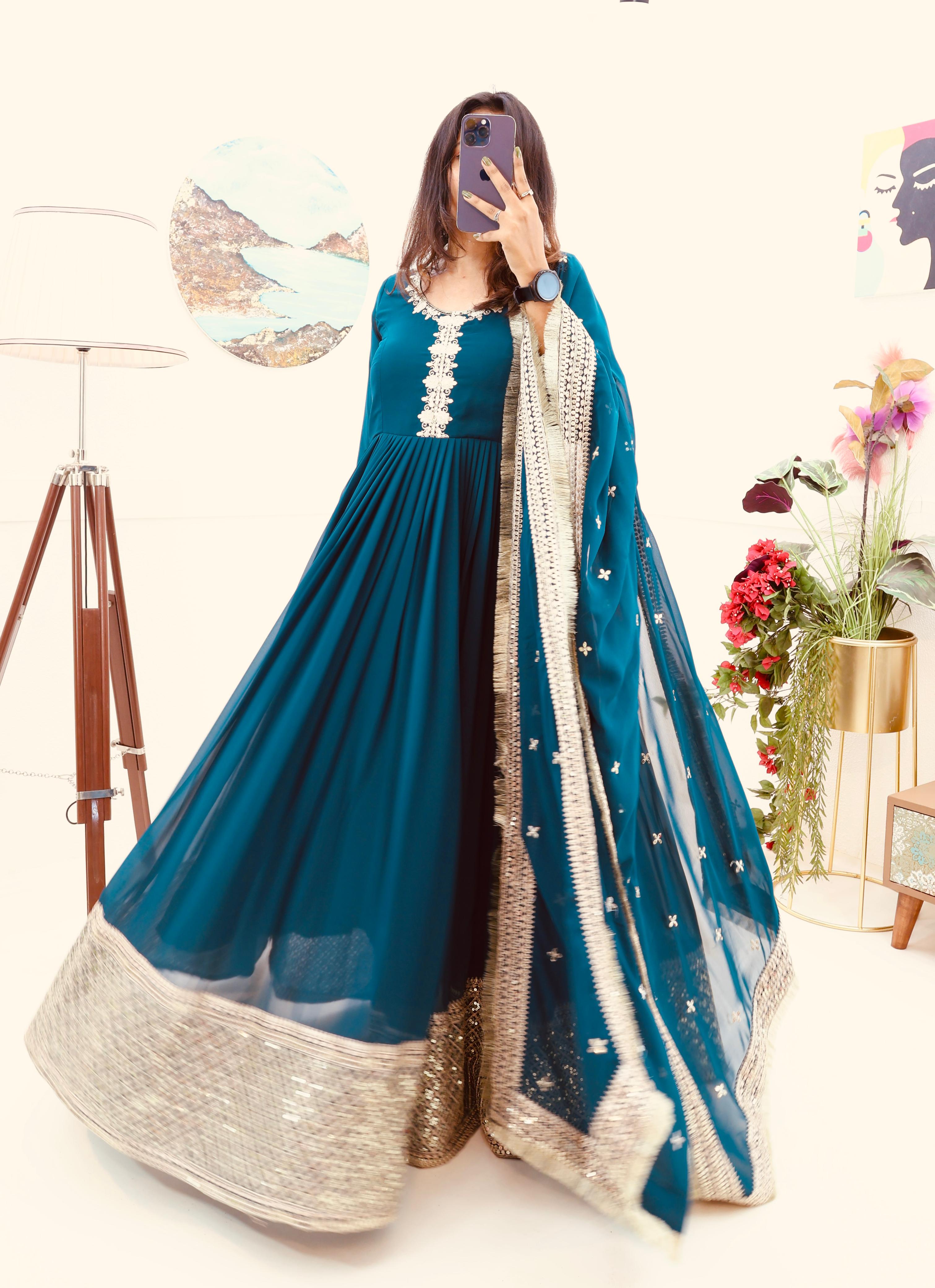 Attractive Sequence Embroidery Work Teal Blue Long Gown