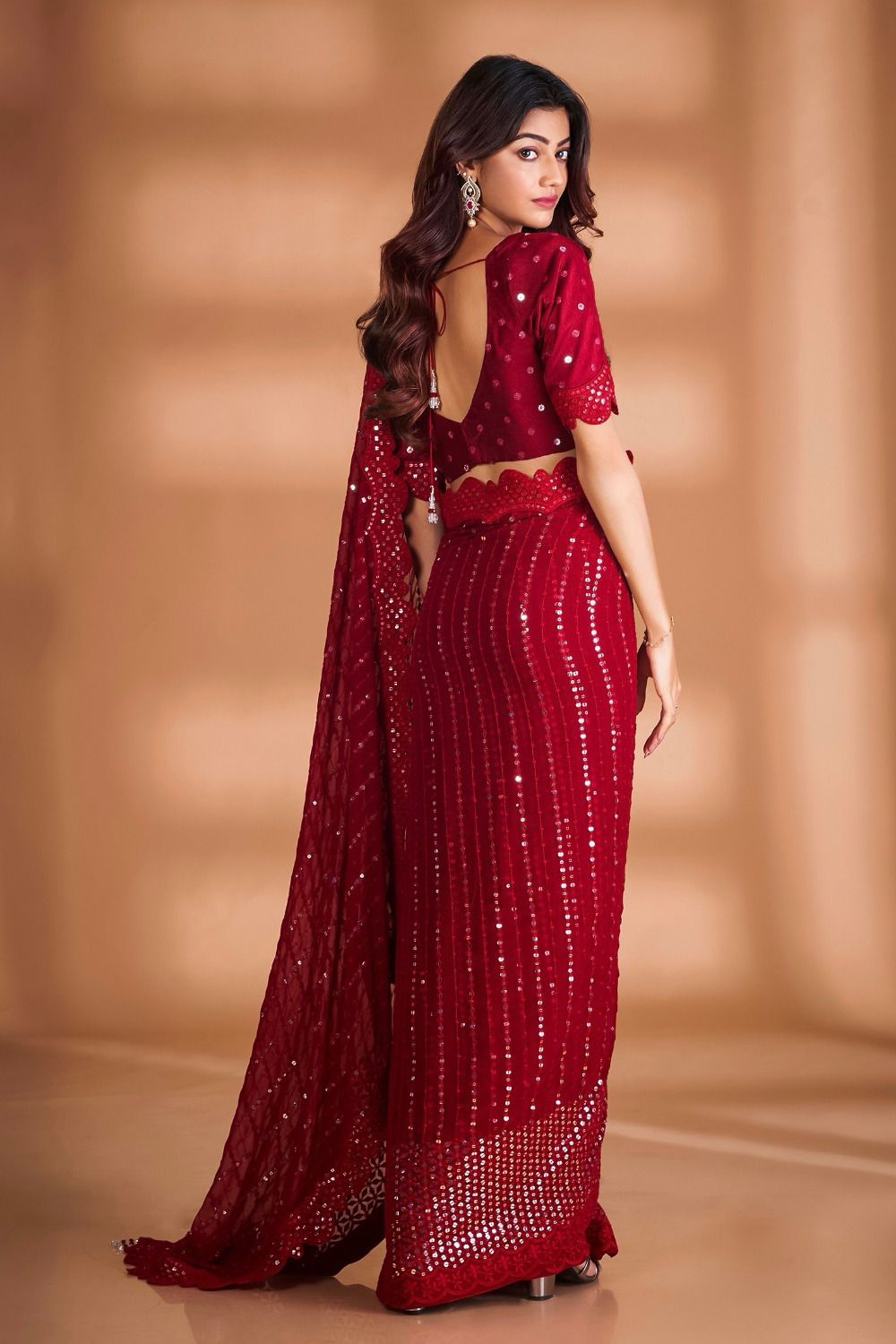Shining Embroidery Work Red Color Beautiful Saree